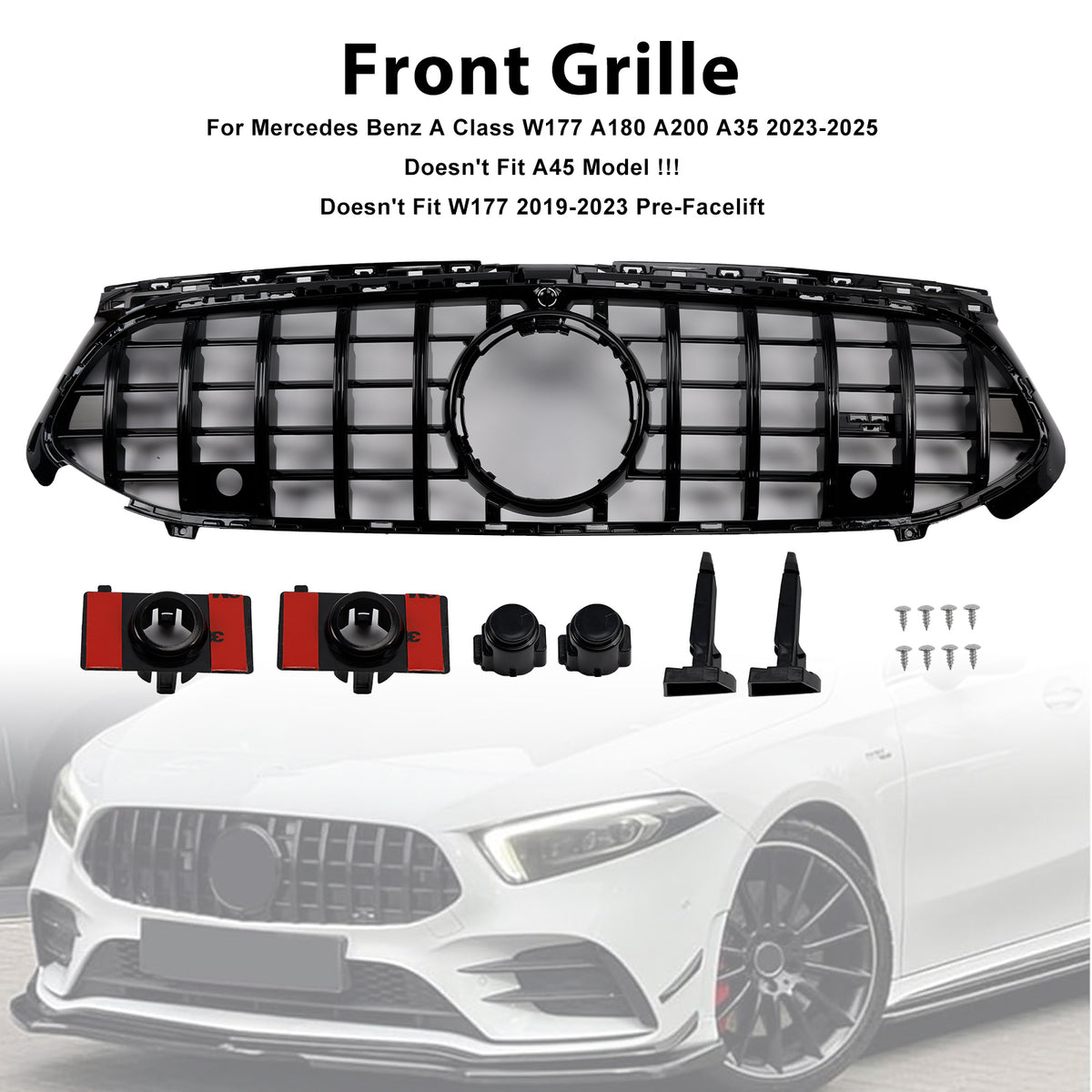Gloss Black Front Grill Grille Fit Mercedes A-Class W177 A35 A180 2023-2025