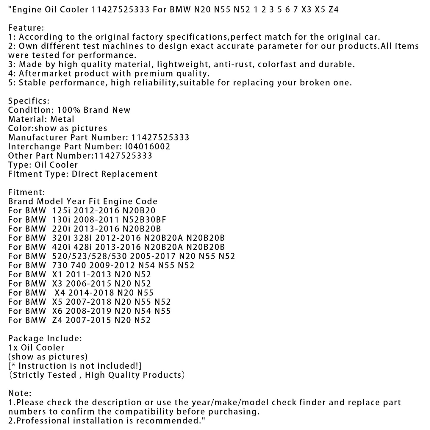 Engine Oil Cooler 11427525333 For BMW N20 N55 N52 1 2 3 5 6 7 X3 X5 Z4