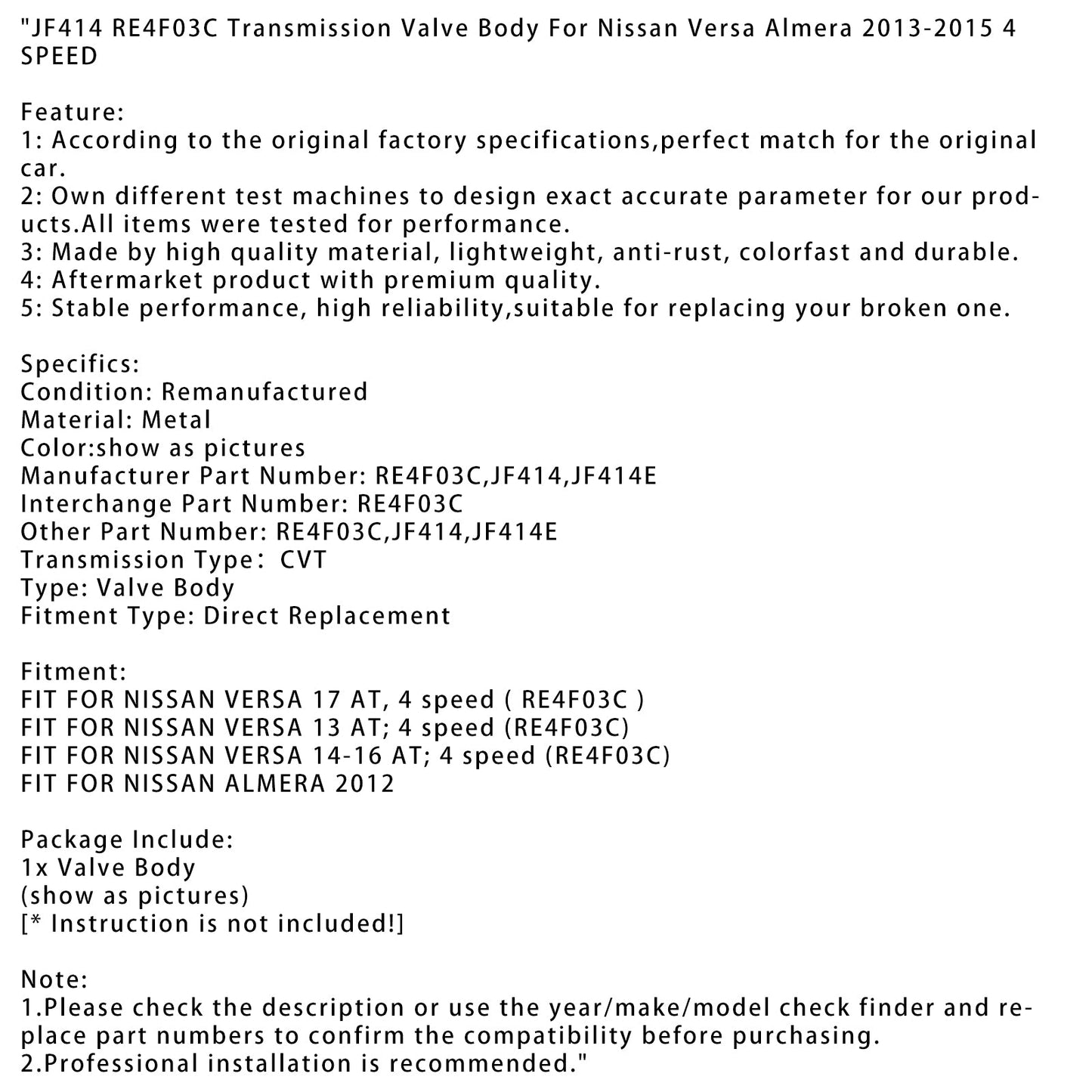 JF414 RE4F03C Transmission Valve Body Fit For Nissan Versa Almera 2013-2015 4 SPEED