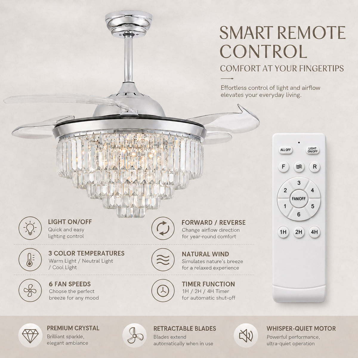 42" Crystal Ceiling Fan with Light