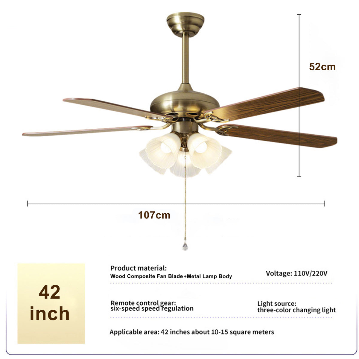 42-Inch Vintage Ceiling Fan with Light