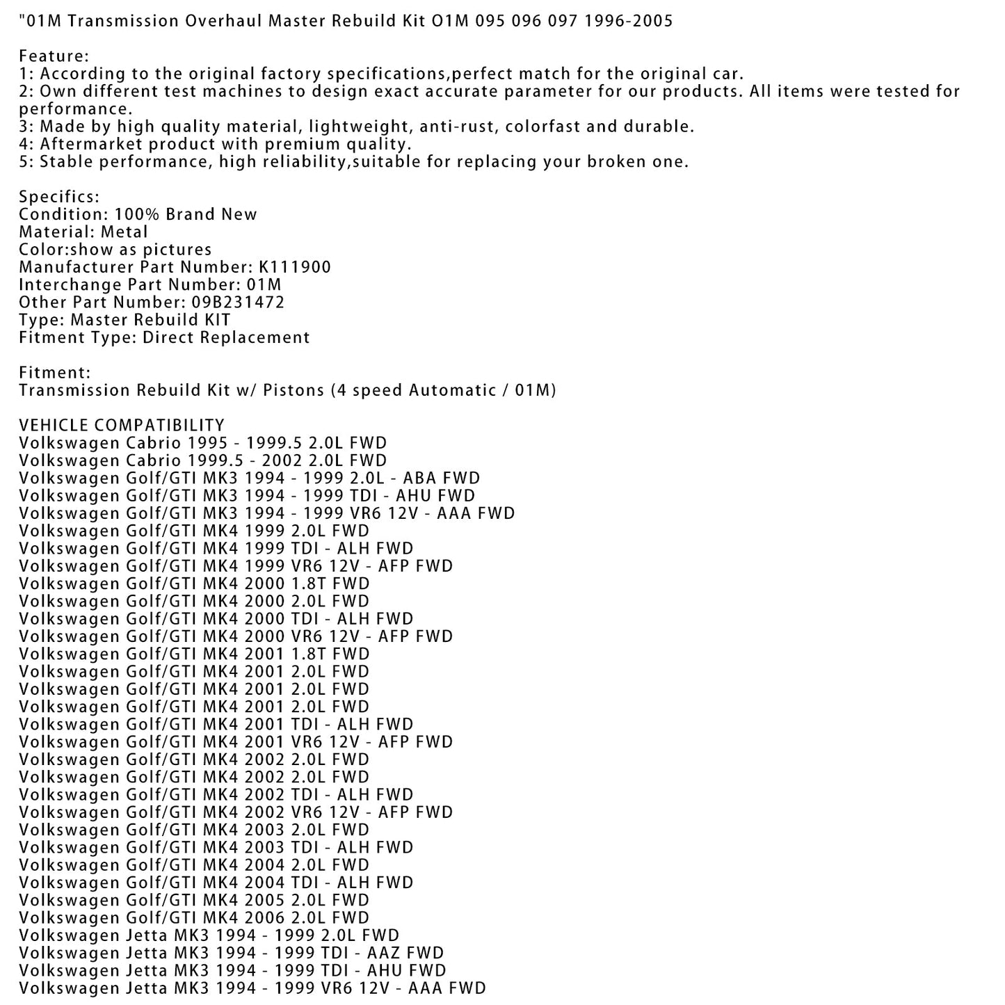 1994-1999 Volkswagen Jetta MK3 VR6 12V - AAA FWD 01M Transmission Overhaul Master Rebuild Kit