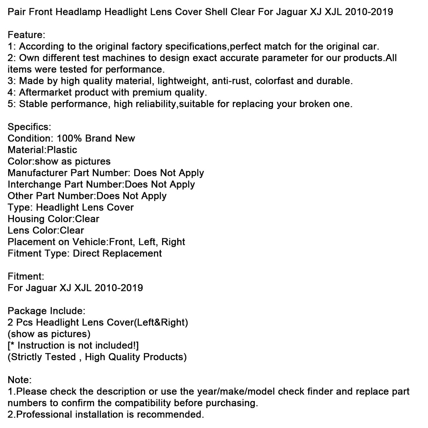 2010-2019 Jaguar XJ XJL Pair Front Headlight Lens Cover Shell Clear