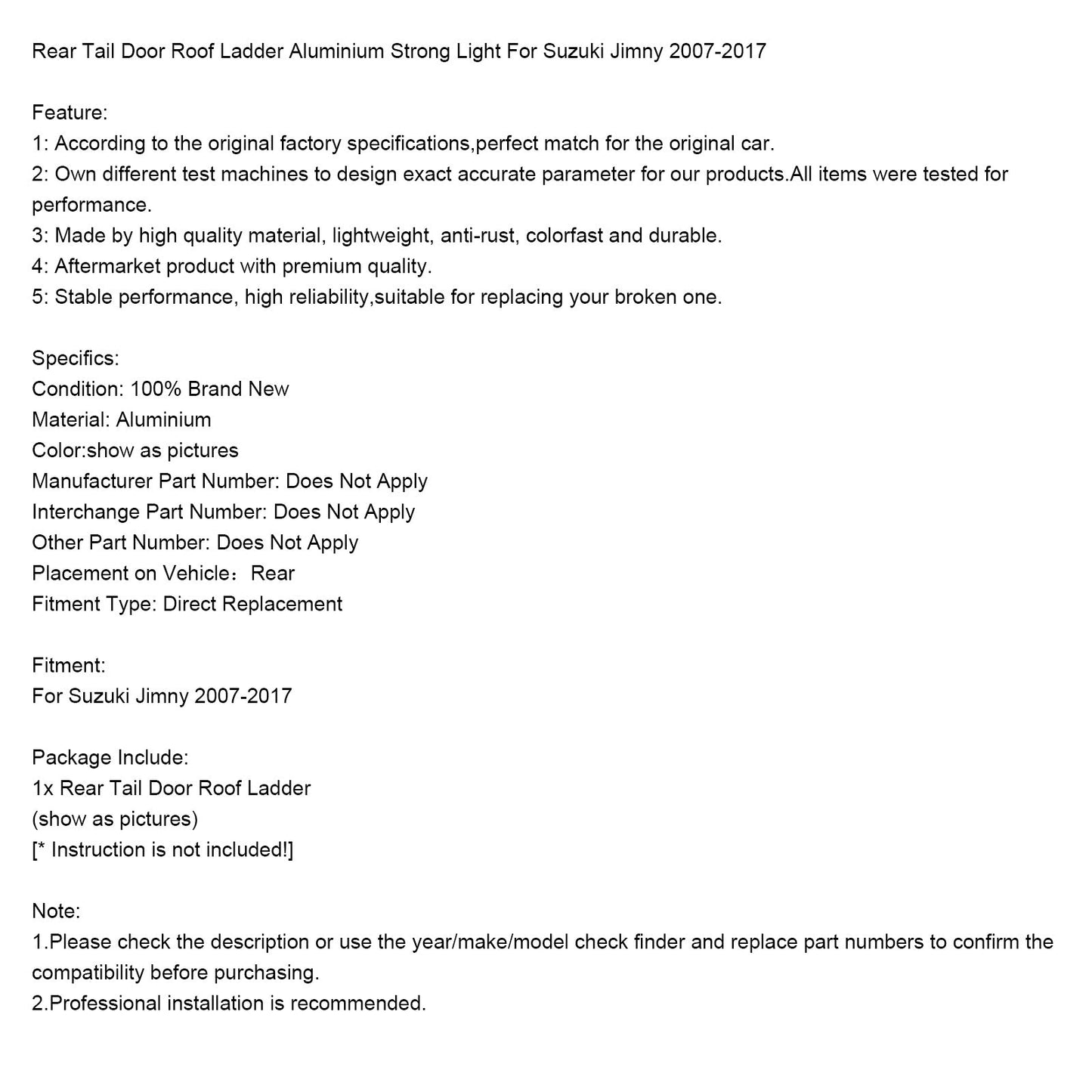 2007-2017 Suzuki Jimny Rear Tail Door Roof Ladder Aluminium Strong Light