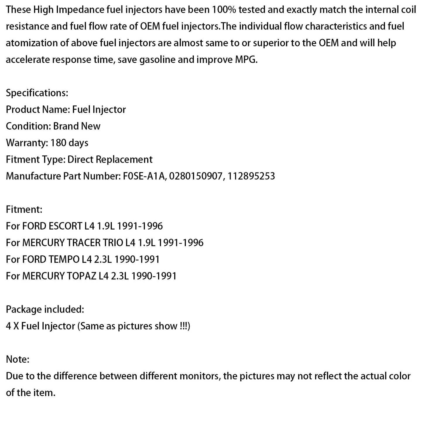 4PCS Fuel Injector 0280150907 Fit Ford Fit Mercury 1.9L 2.3L 1990-1996 F0SE-A1A