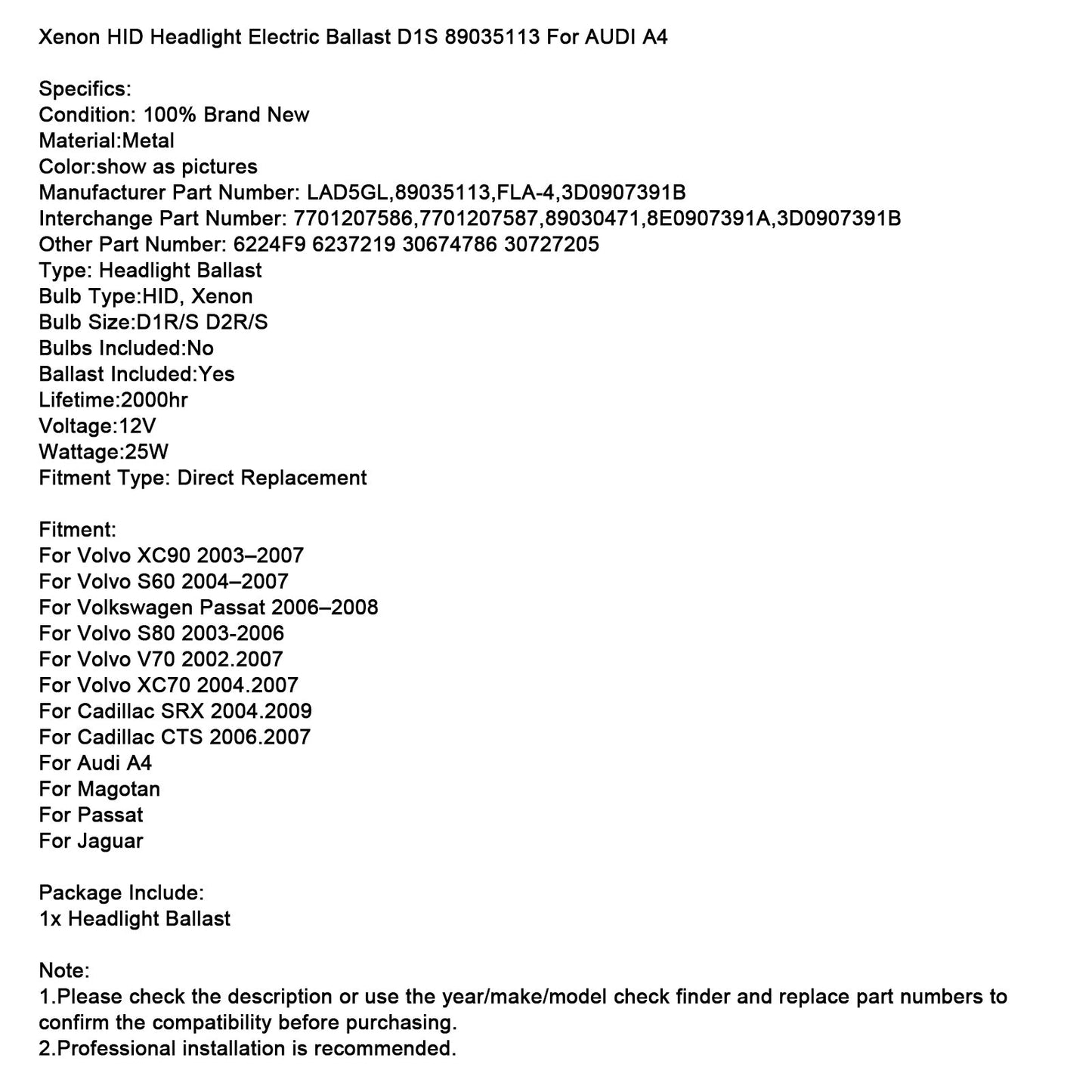 Xenon HID Headlight Electric Ballast D1S 89035113 For AUDI A4