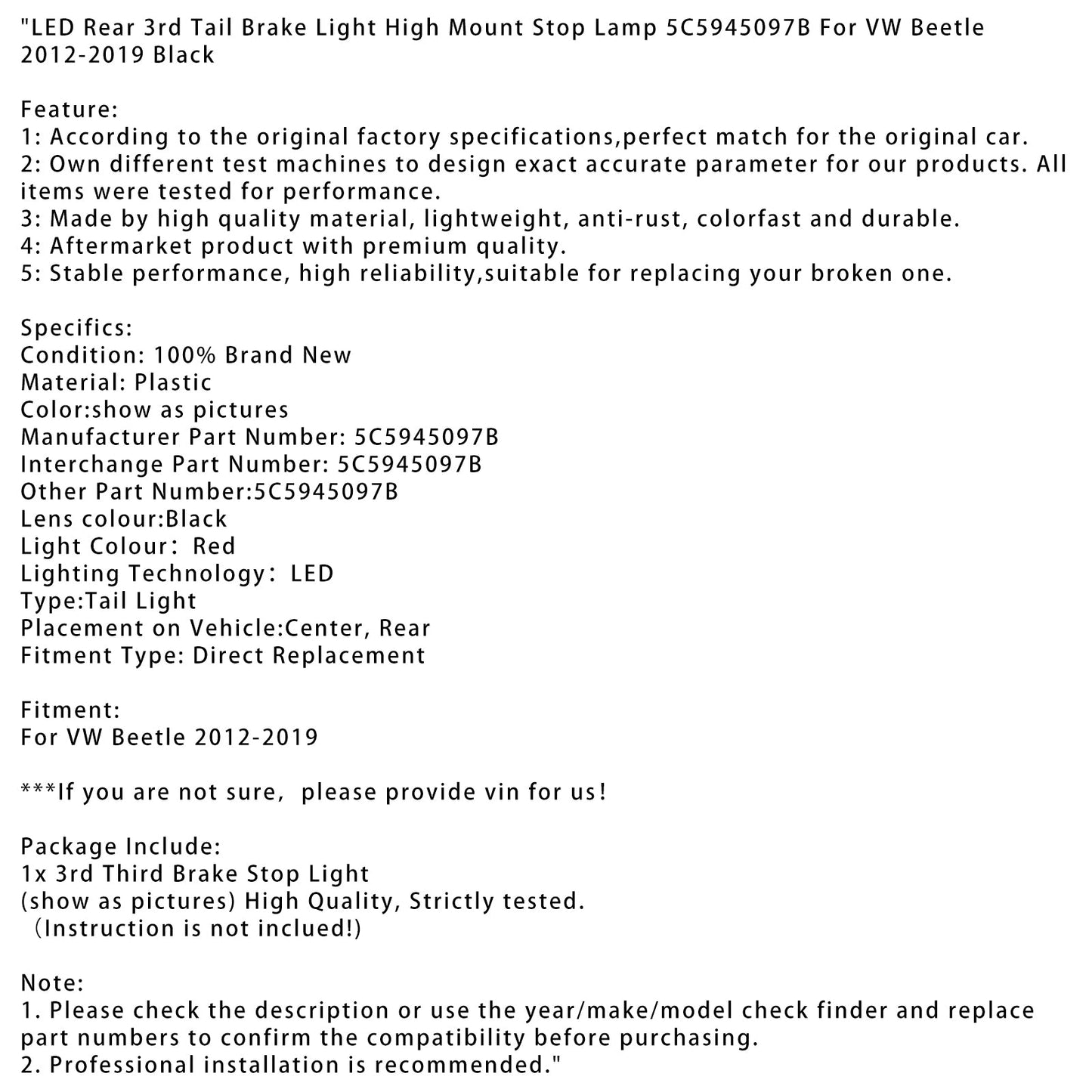 2012-2019 VW Beetle LED Rear 3rd Tail Brake Light High Mount Stop Lamp 5C5945097B