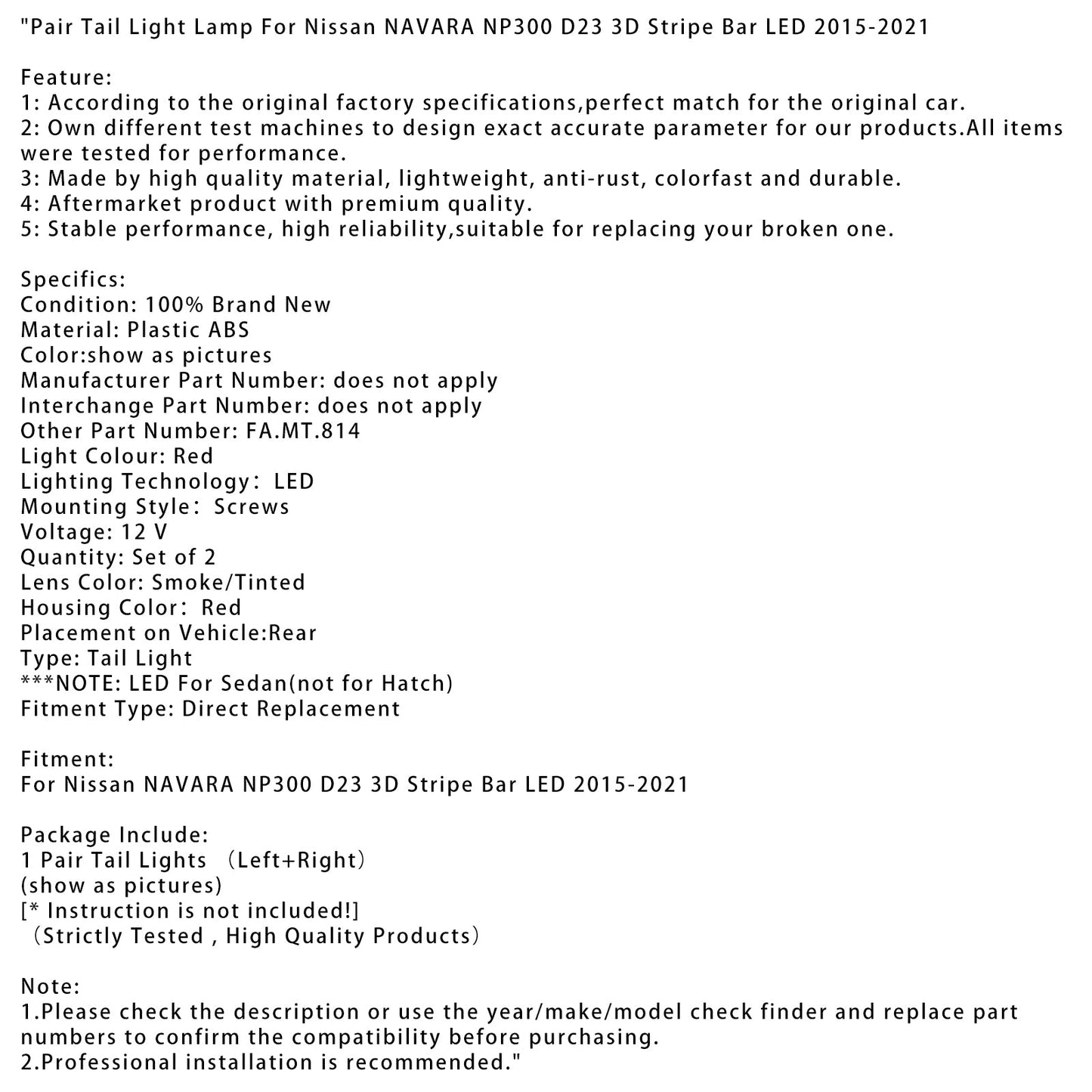 2015-2021 Nissan NAVARA NP300 D23 3D Stripe Bar LED Pair Tail Light Lamp
