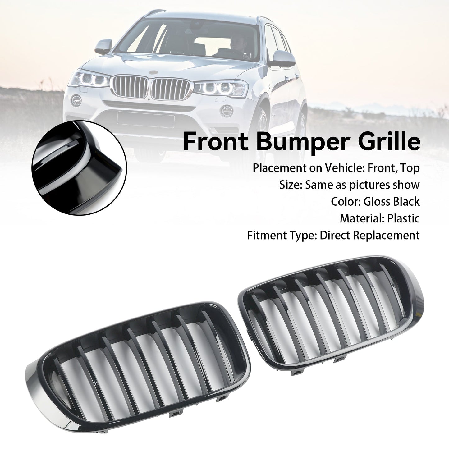 Gloss Black Front Bumper Kidney Grill Grille Fit BMW X3 X4 F25 F26 2014-2017