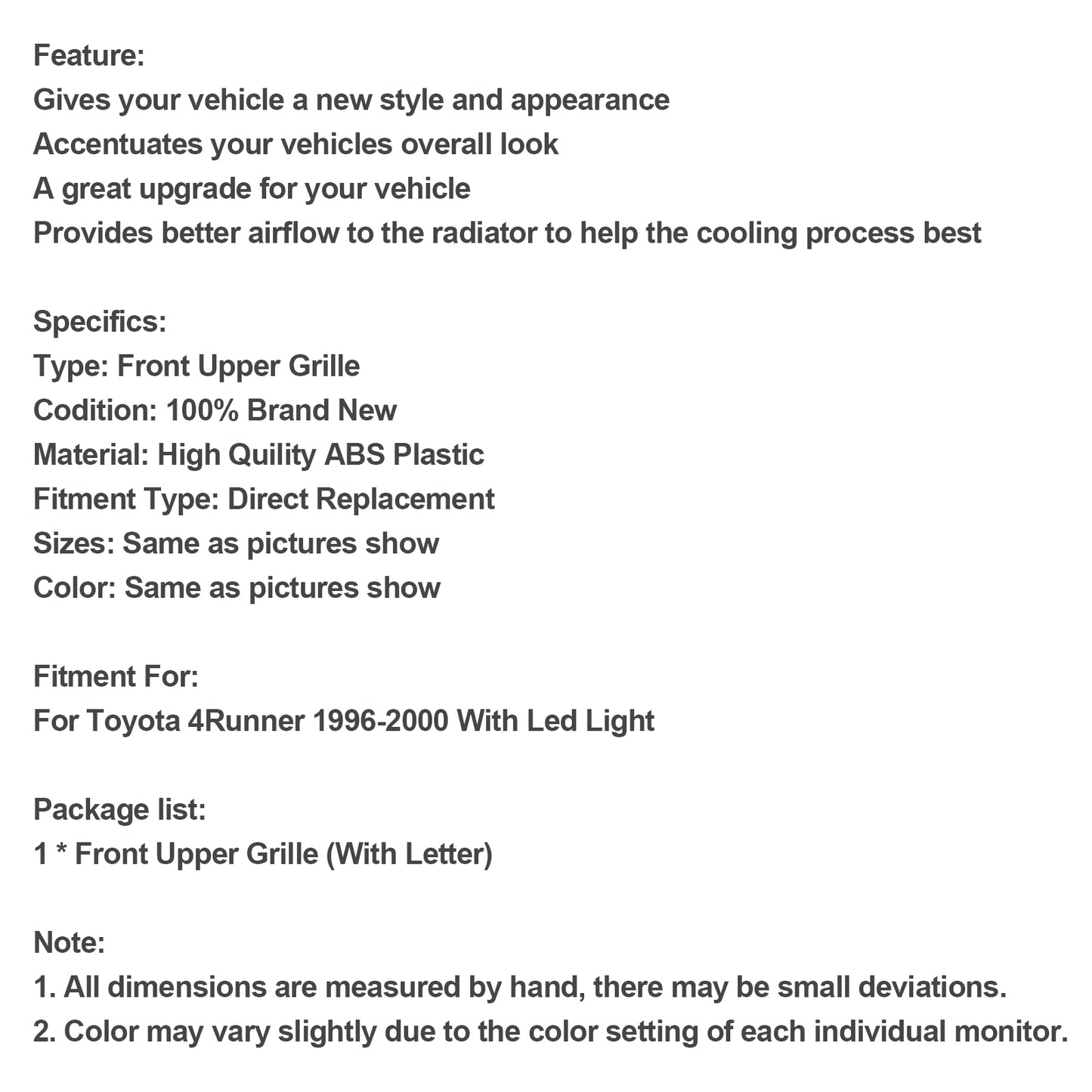 Matte Black Front Bumper Grill Grille Fit Toyota 4Runner 1996-2000 With Led