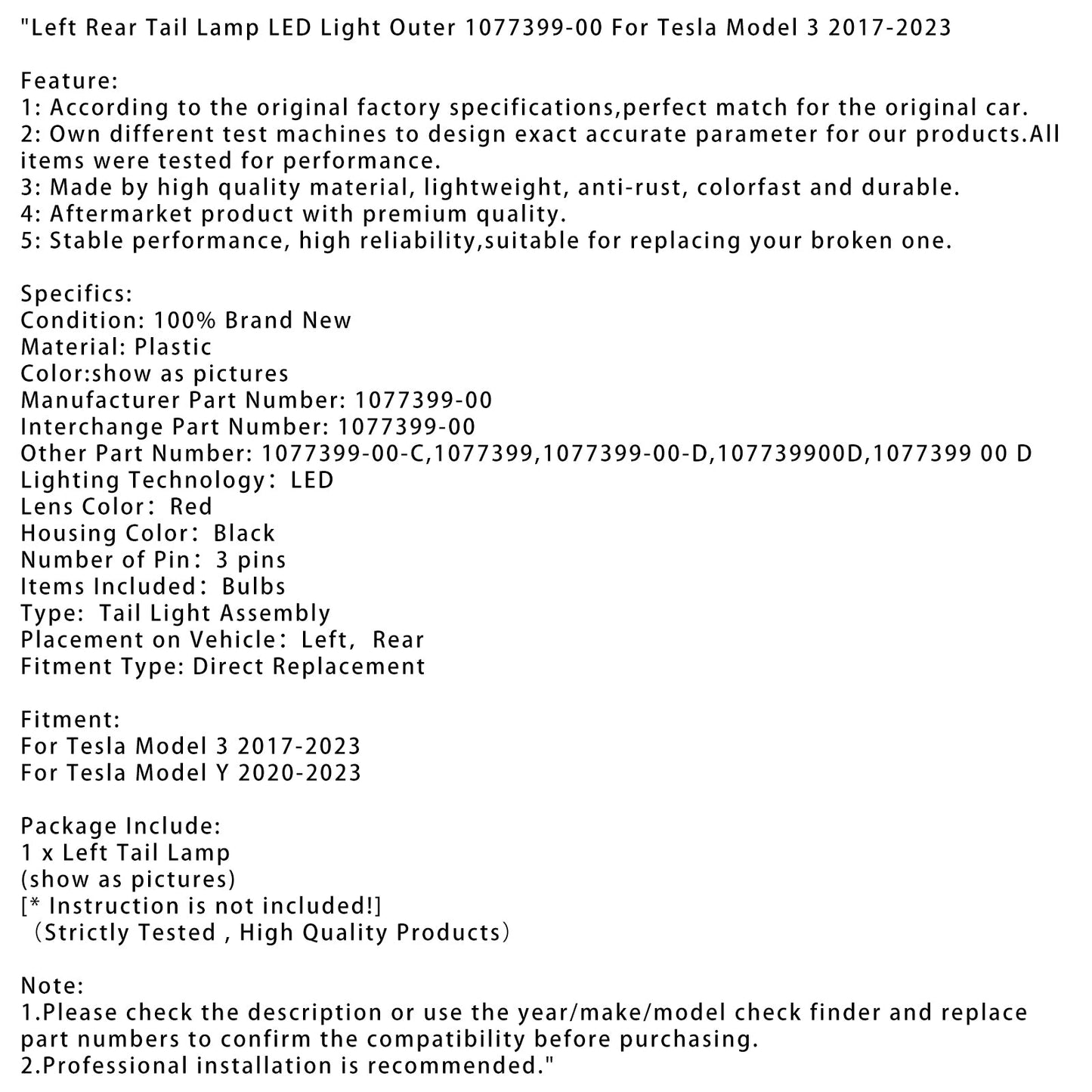 2017-2023 Tesla Model 3 Left Rear Tail Lamp LED Light Outer 1077399-00