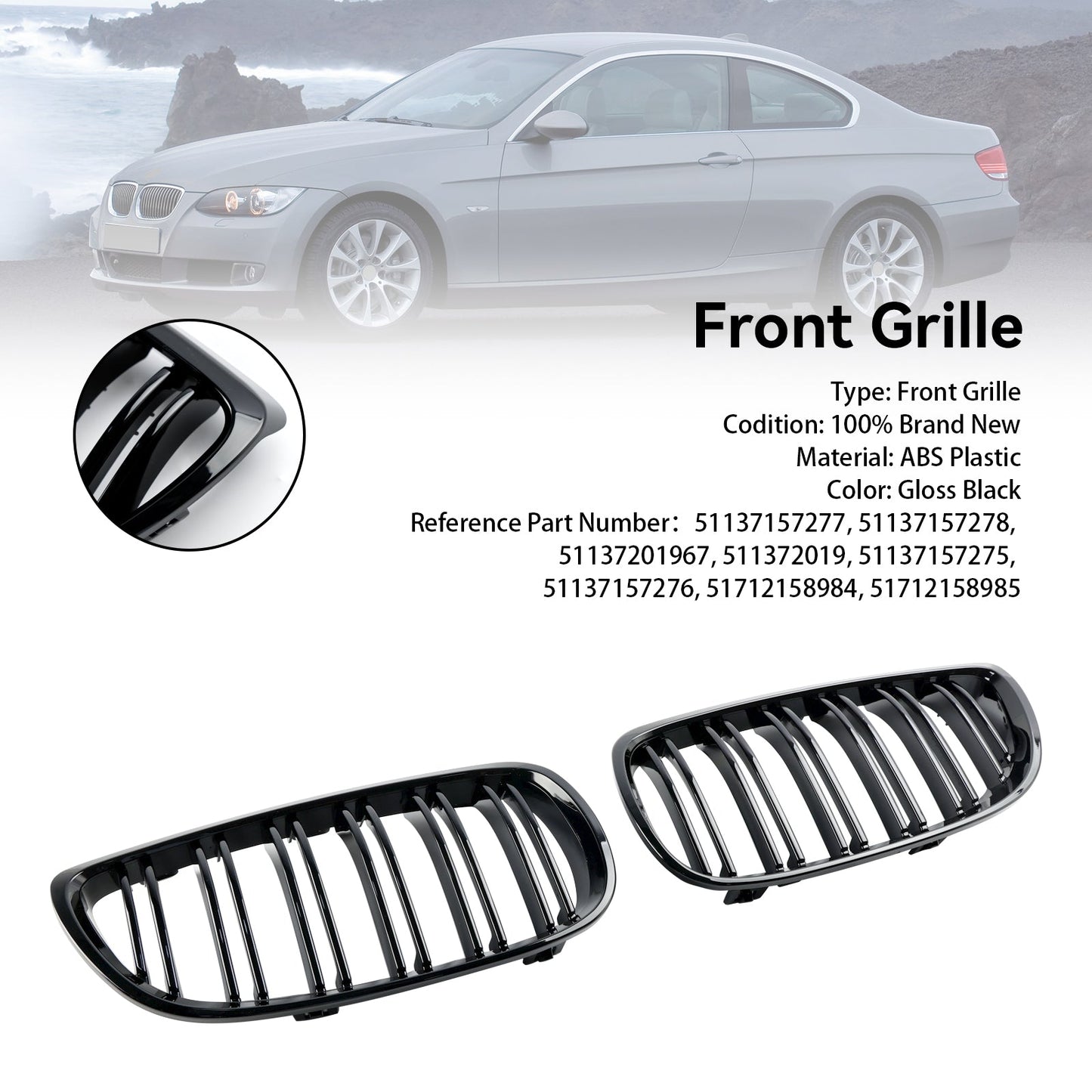 2008-2013 BMW 3-Series M3(E92/E93) Gloss Black Front Kidney Grill Grille