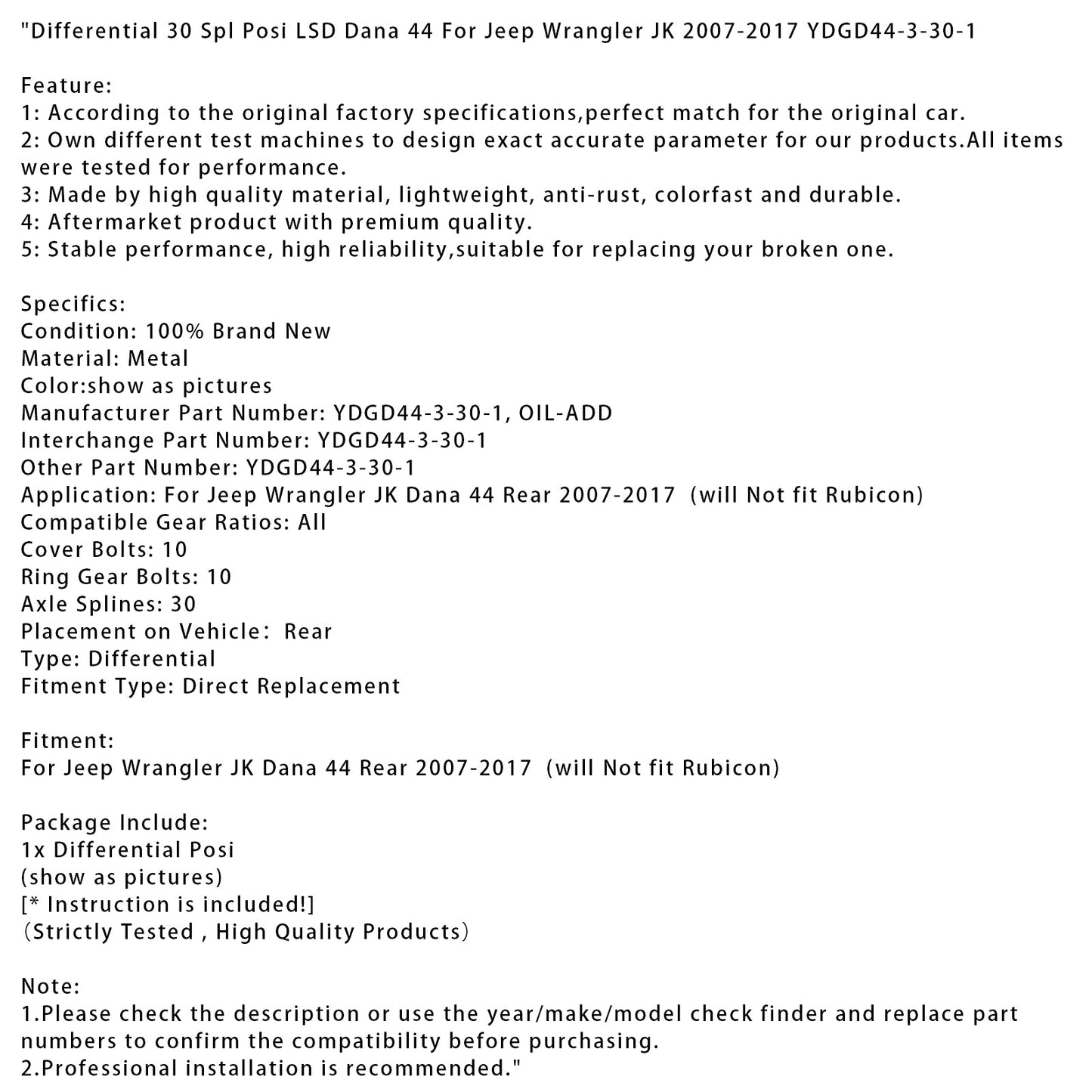 2007-2017 Jeep Wrangler JK Differential 30 Spl Posi LSD Dana 44 YDGD44-3-30-1