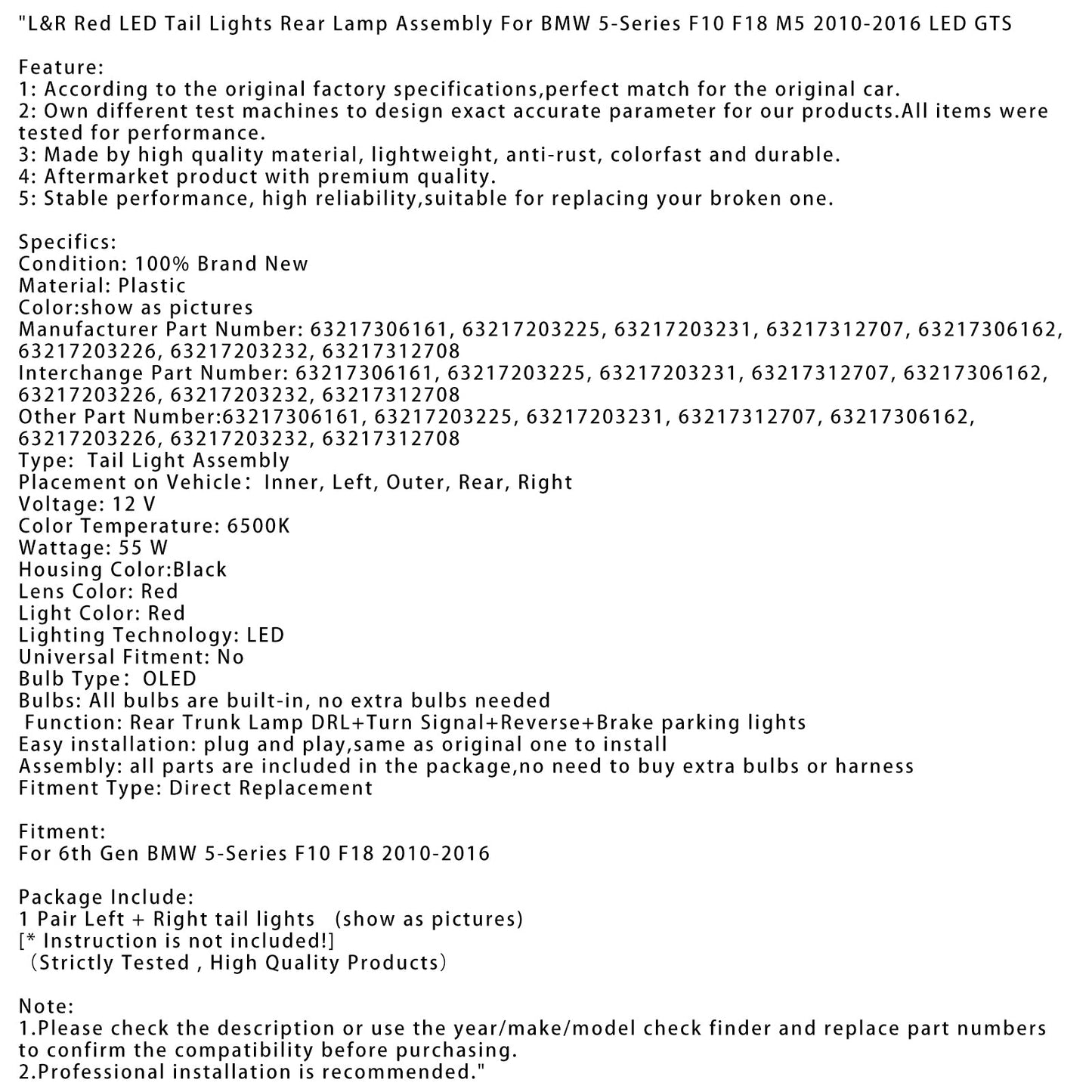 2010-2016 6th Gen 5-Series F10 F18 M5 L&R Red LED Tail Lights Rear Lamp Assembly