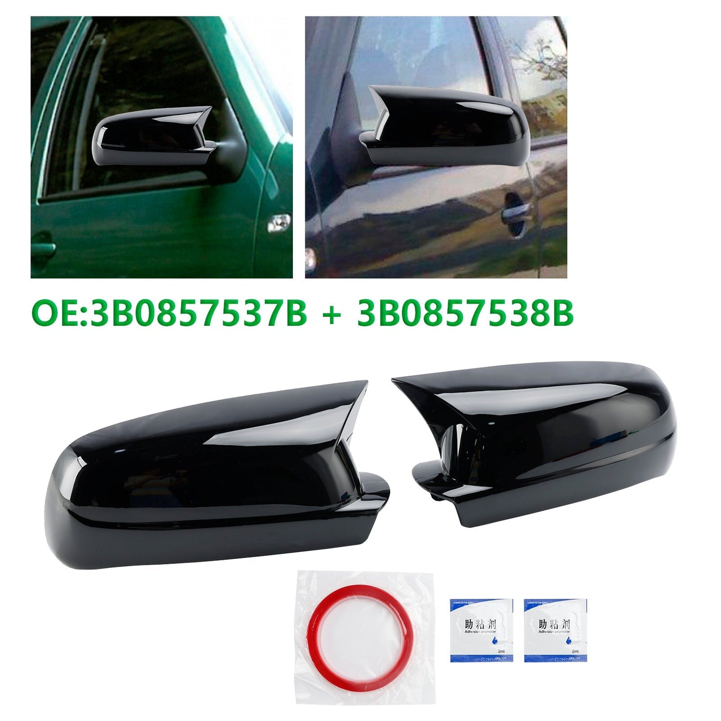 1998-2002 VW Passat B5 Gloss Black Wing Door Mirror Cover Caps Left + Right 3B0857537B