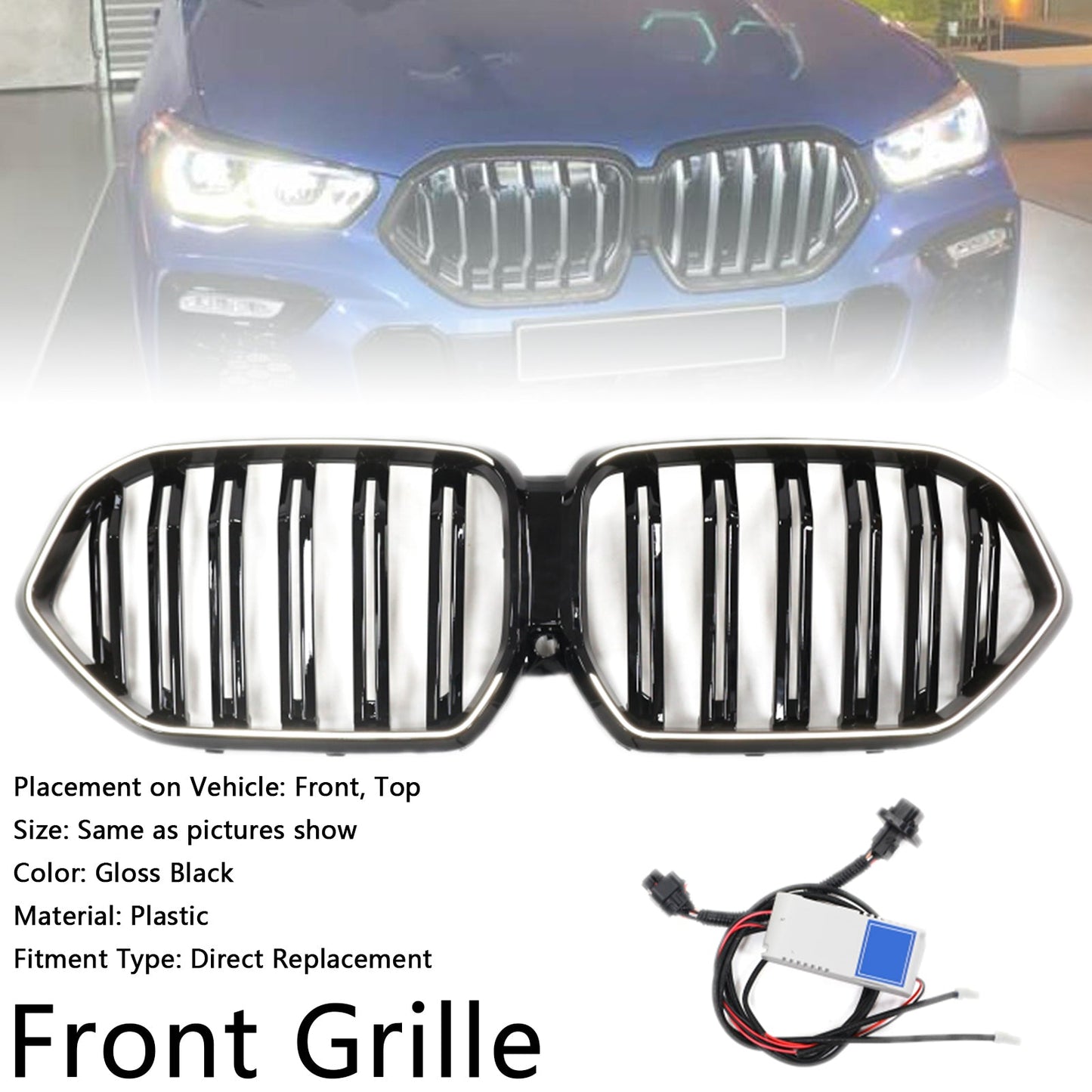 2020-2022 BMW X6 G06 M50i W/Camera Hole Gloss Black Front Bumper Grille