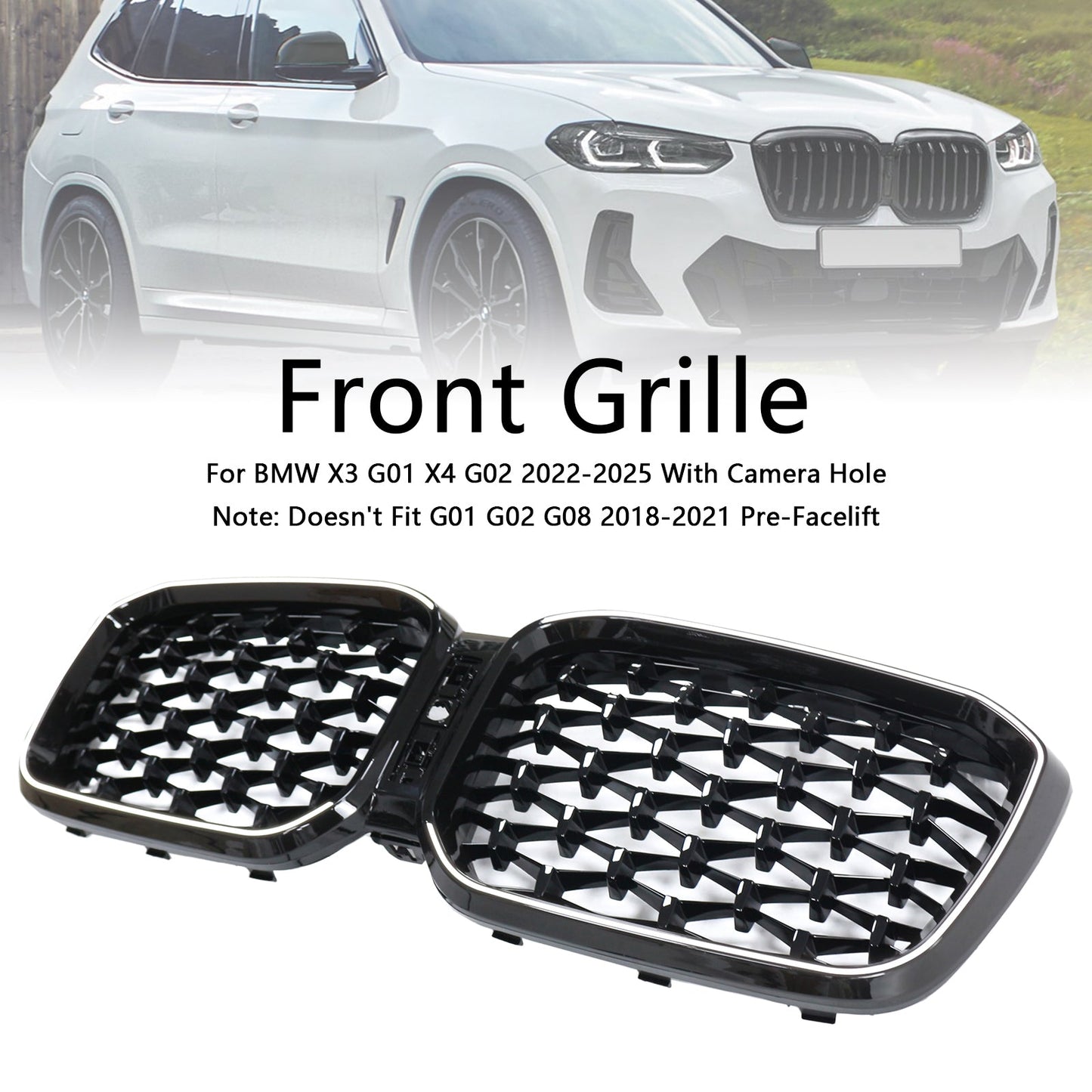 2022-2025 BMW X3 G01 X4 G02 Diamond Glossy Black Front Bumper Kidney Grille