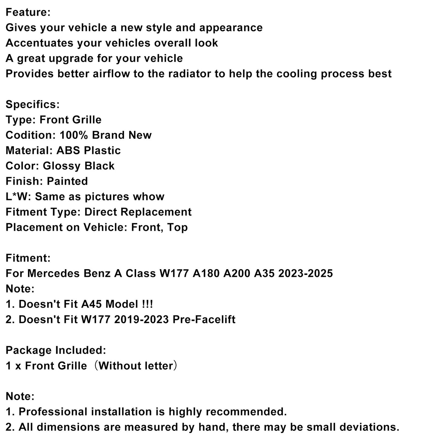 2023-2025 Mercedes A-Class W177 A35 A180 Gloss Black Front Grille Grill
