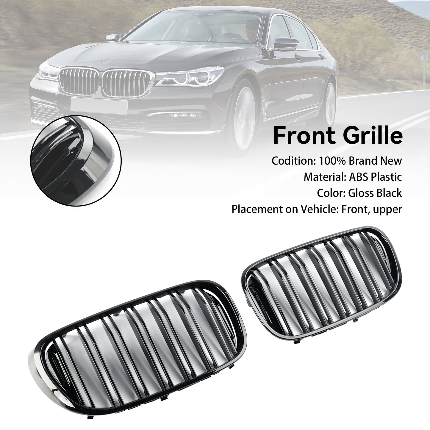 Black 2 Slat Front Kidney Grill Grille Fit For BMW 7 Series G11 G12 2016-18 Pre-LCI