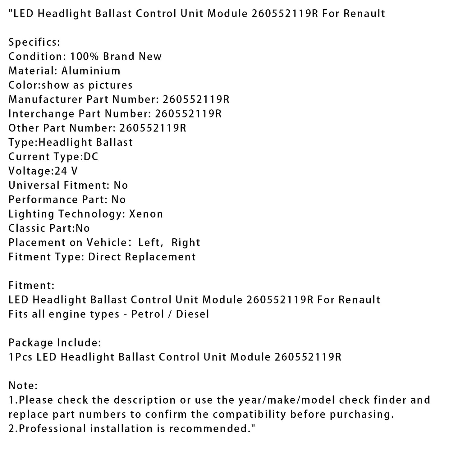 LED Headlight Ballast Control Unit Module 260552119R For Renault