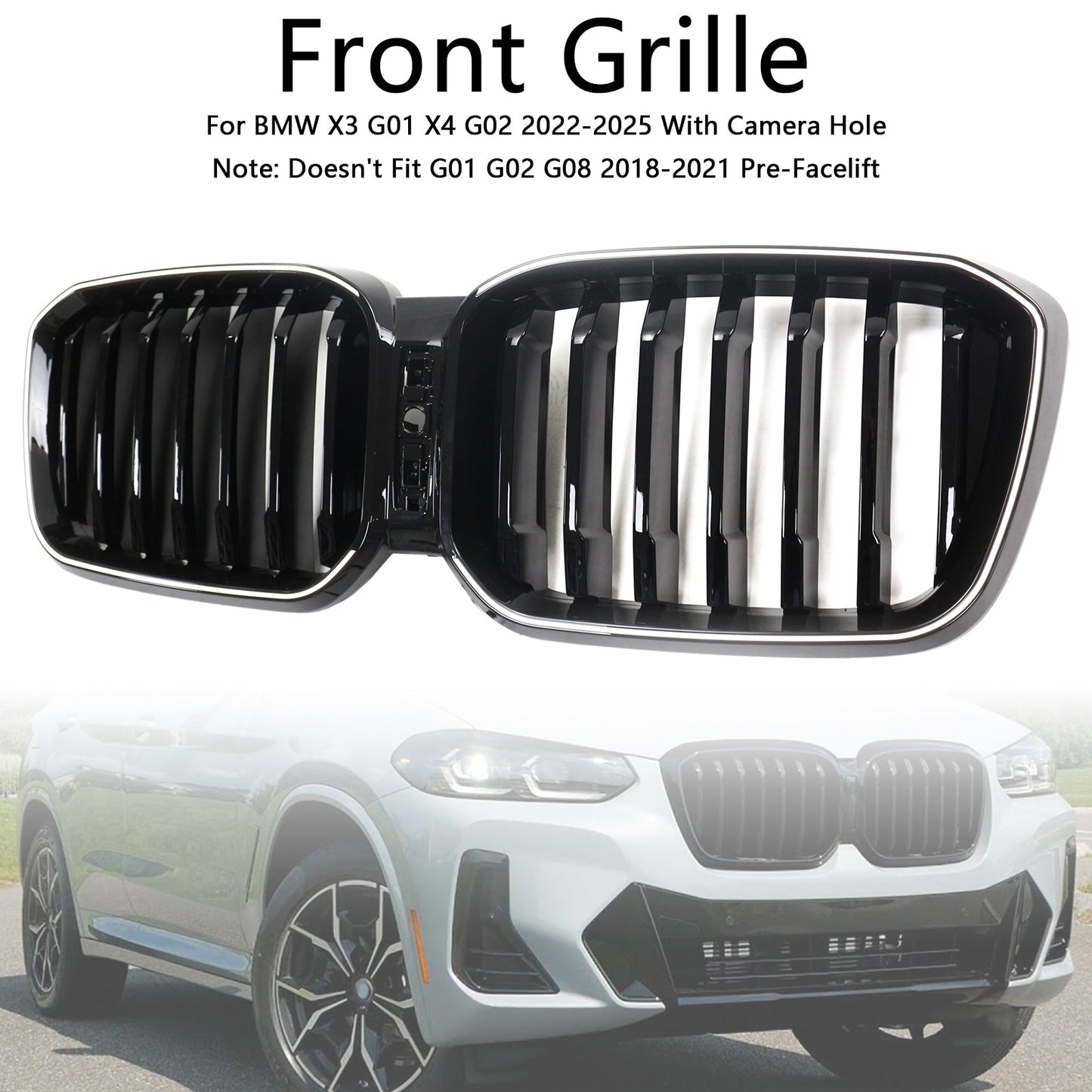 2022-2025 BMW X3 G01 X4 G02 Glossy Black Front Bumper Kidney Grille With Camera Hole