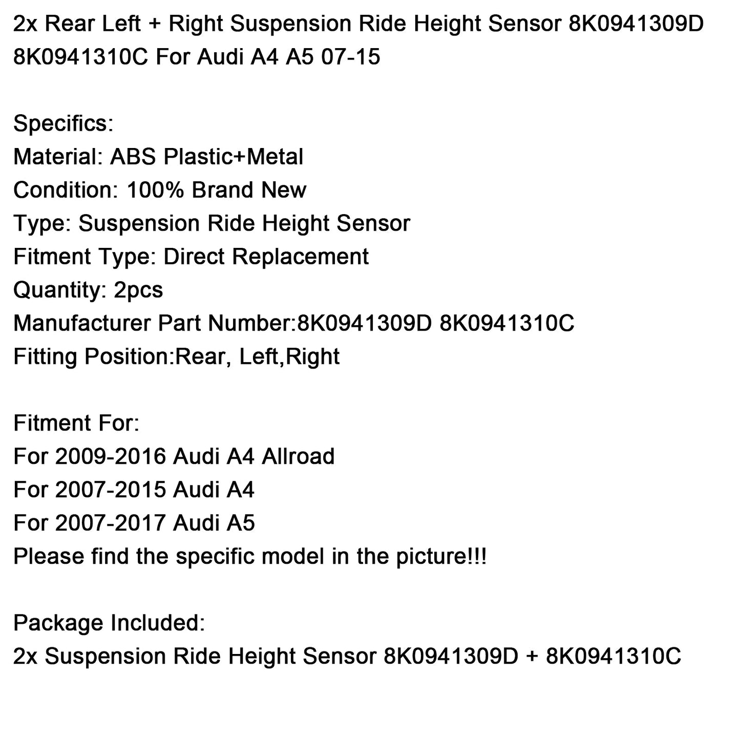 2x Suspension Ride Height Sensor 8K0941309D 8K0941310C For Audi A4 A5 2007-2015