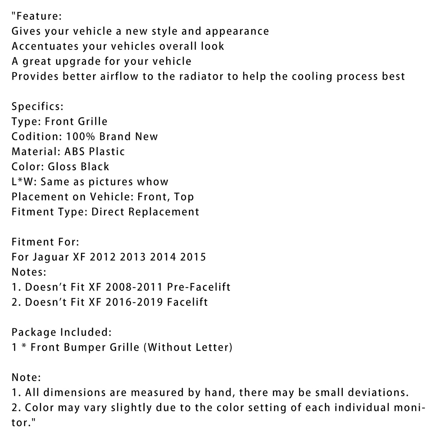 XF-R Style Front Bumper Grill Grille Fit Jaguar XF 2012-2015 Gloss Black