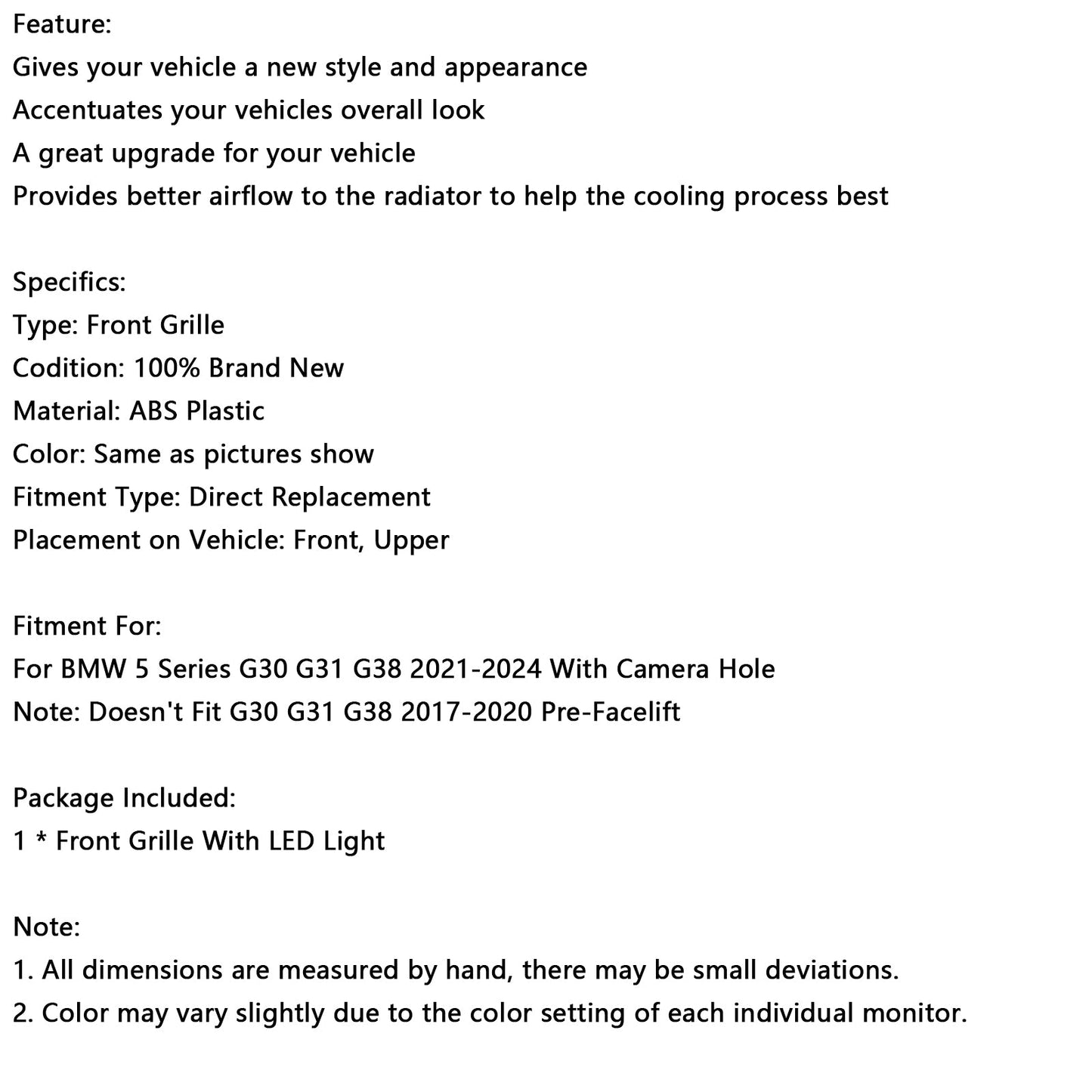 2021-2024 BMW 5 Series G30 G38 Double Slat Front Kidney Grille Gloss Black