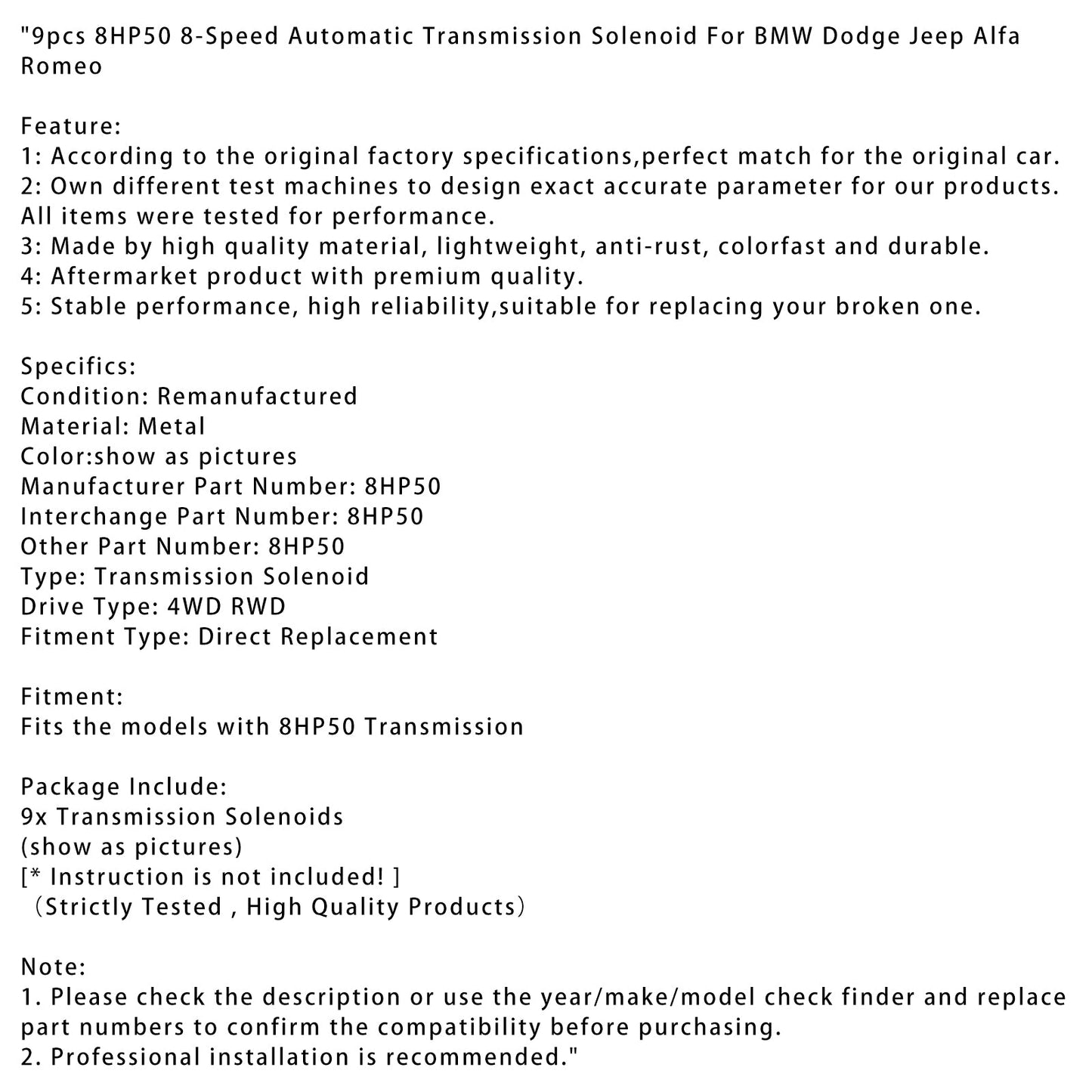 9pcs 8HP50 8-Speed Automatic Transmission Solenoid For BMW Dodge Jeep Alfa Romeo