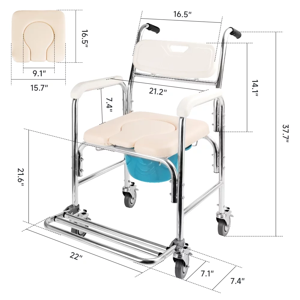 Multifunction Wheeled Mobile Toilet Commode Shower Chair Wheelchair