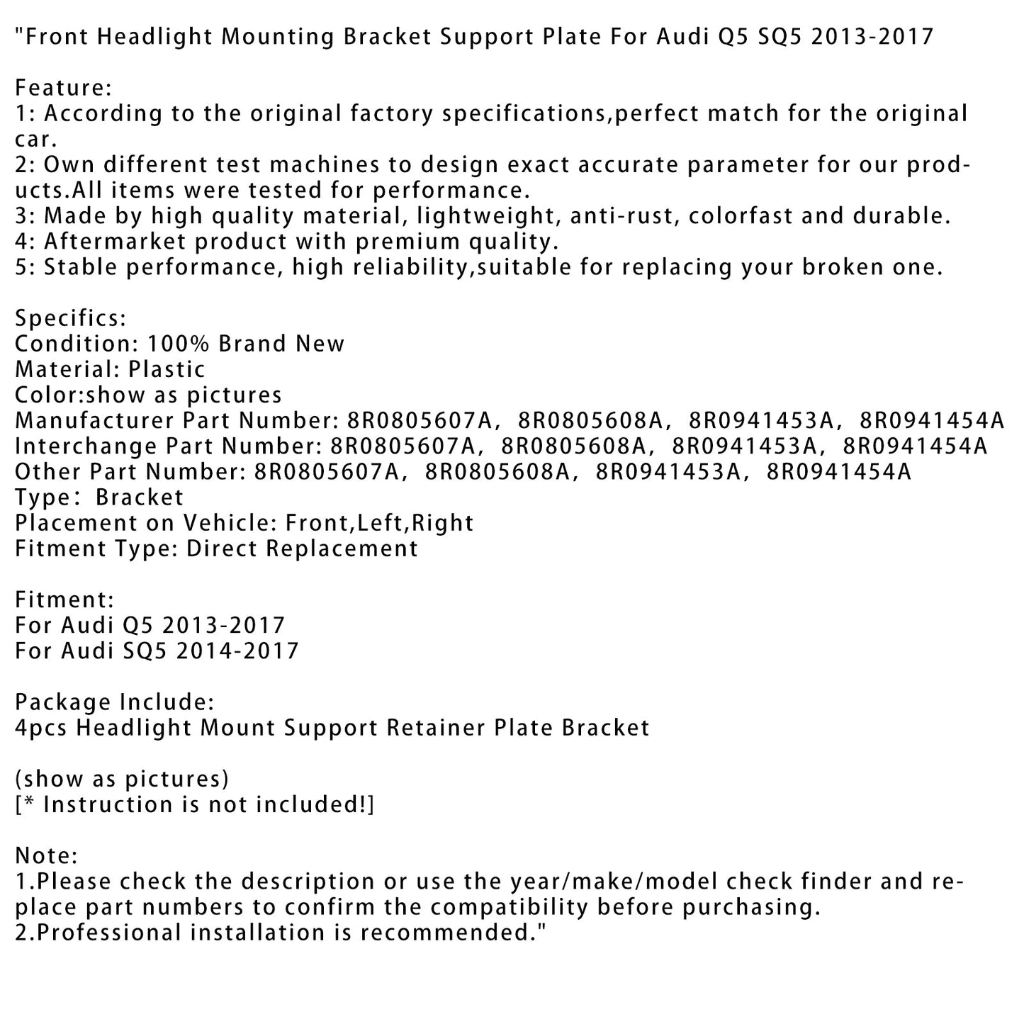 2013-2017 Audi Q5 Front Headlight Mounting Bracket Support Plate