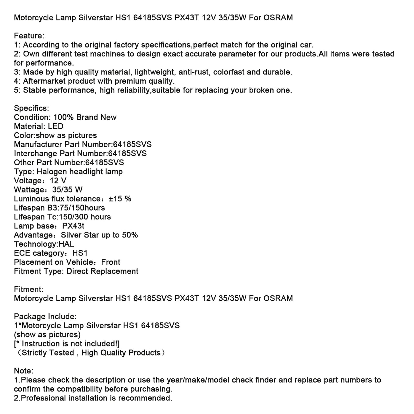 Motorcycle Lamp Silverstar HS1 64185SVS PX43T 12V 35/35W For OSRAM