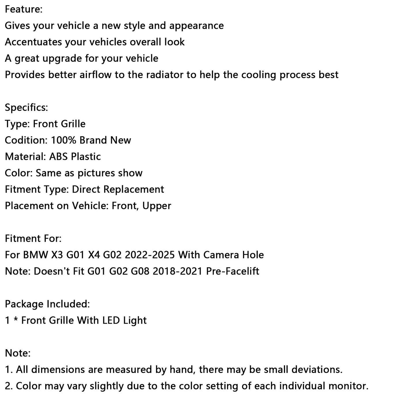 2022-2025 BMW X3 G01 X4 G02 Diamond Glossy Black Front Bumper Kidney Grille