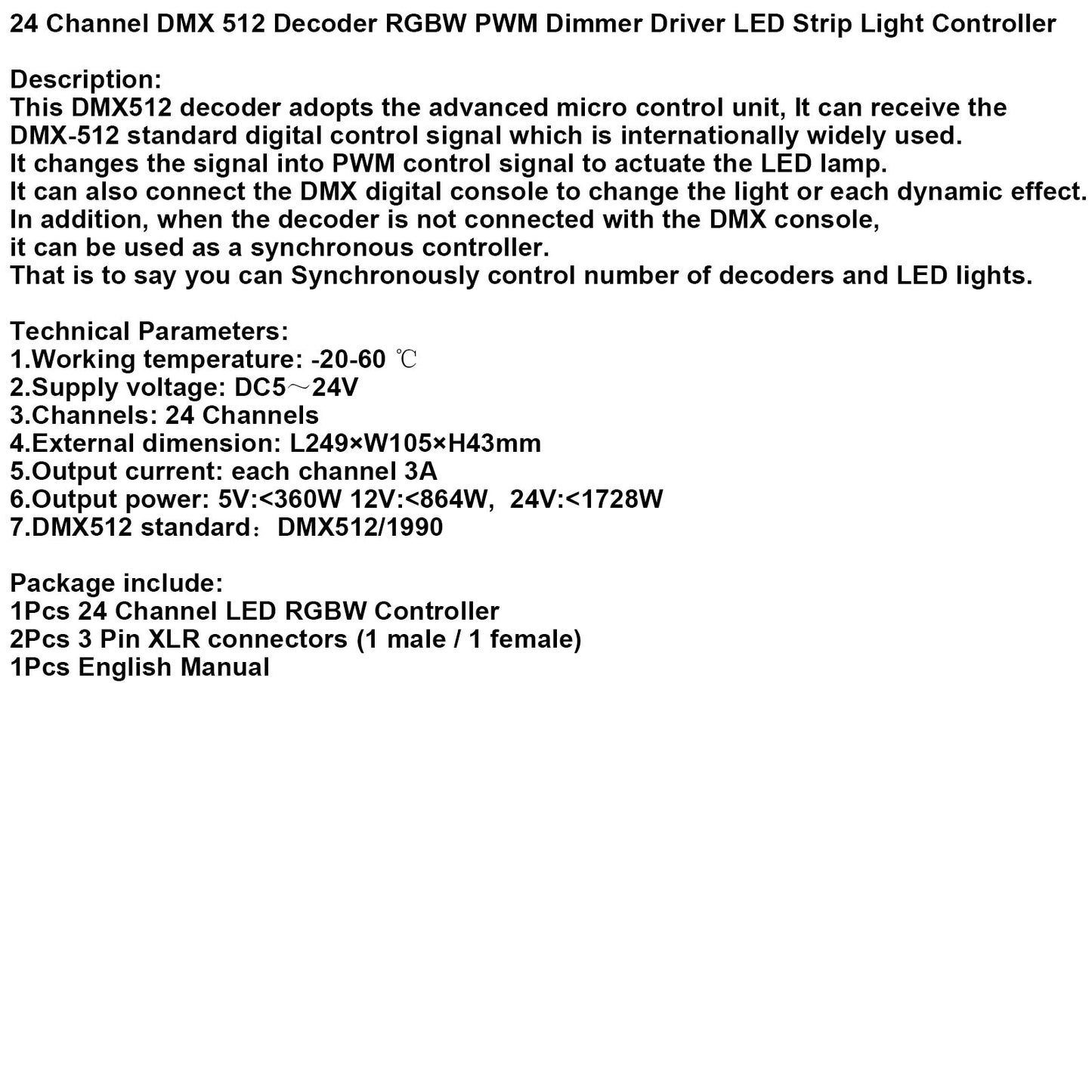 24 Channel DMX 512 Decoder RGBW PWM Dimmer Driver LED Strip Light Controller