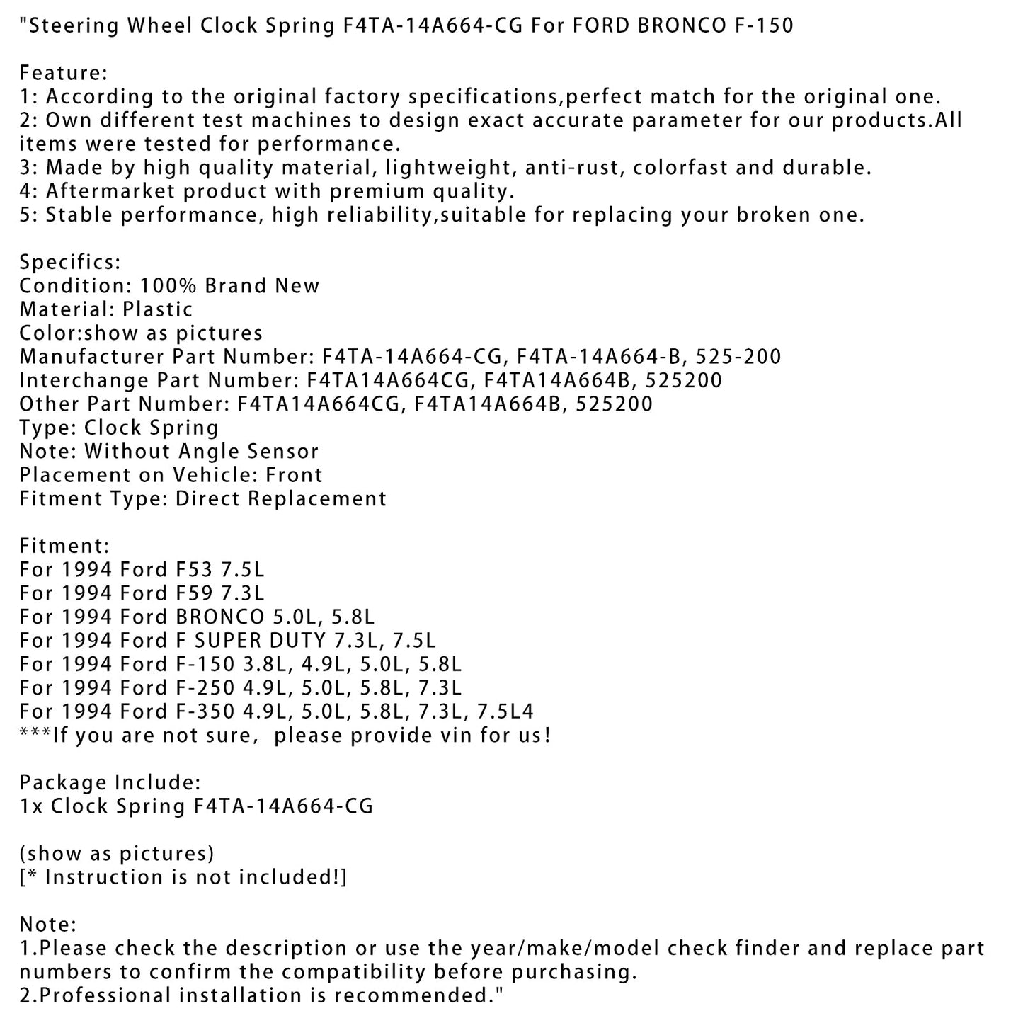 Steering Wheel Clock Spring F4TA-14A664-CG For FORD BRONCO F-150