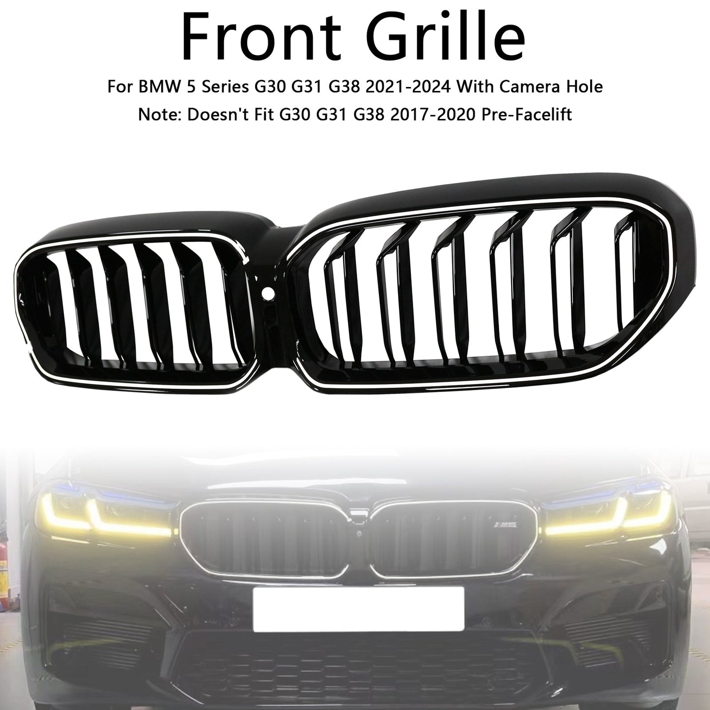 2021-2024 BMW 5 Series G30 G38 Double Slat Front Kidney Grille Gloss Black