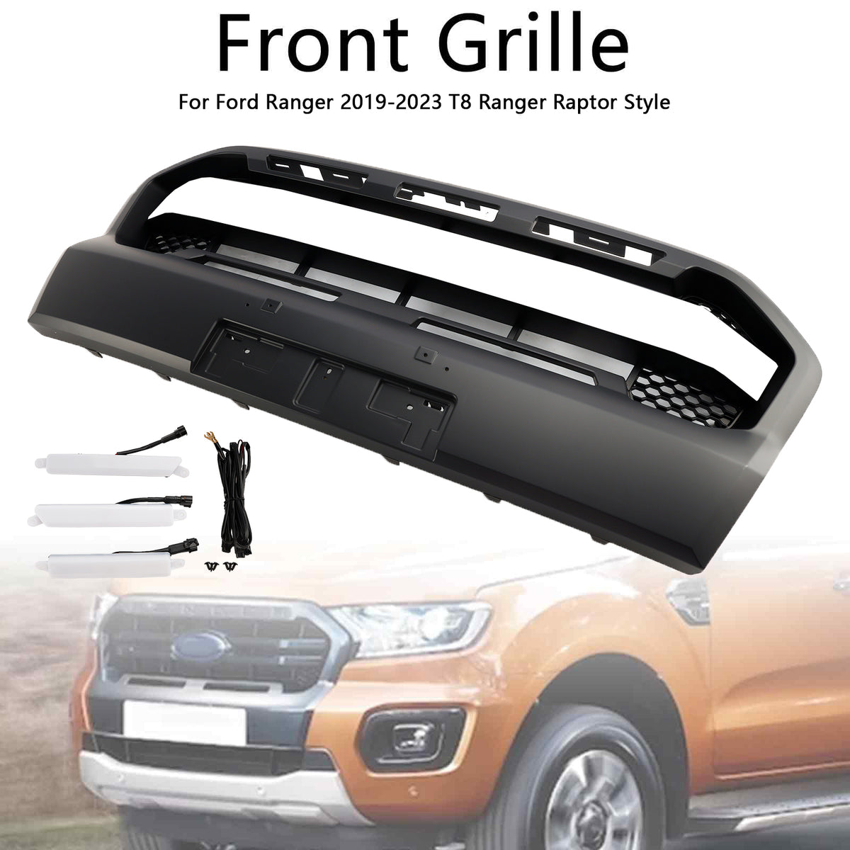 Ford Ranger 2019-2023 T8  W/LED Matt Black Ranger Raptor Style Front Bumper Grille