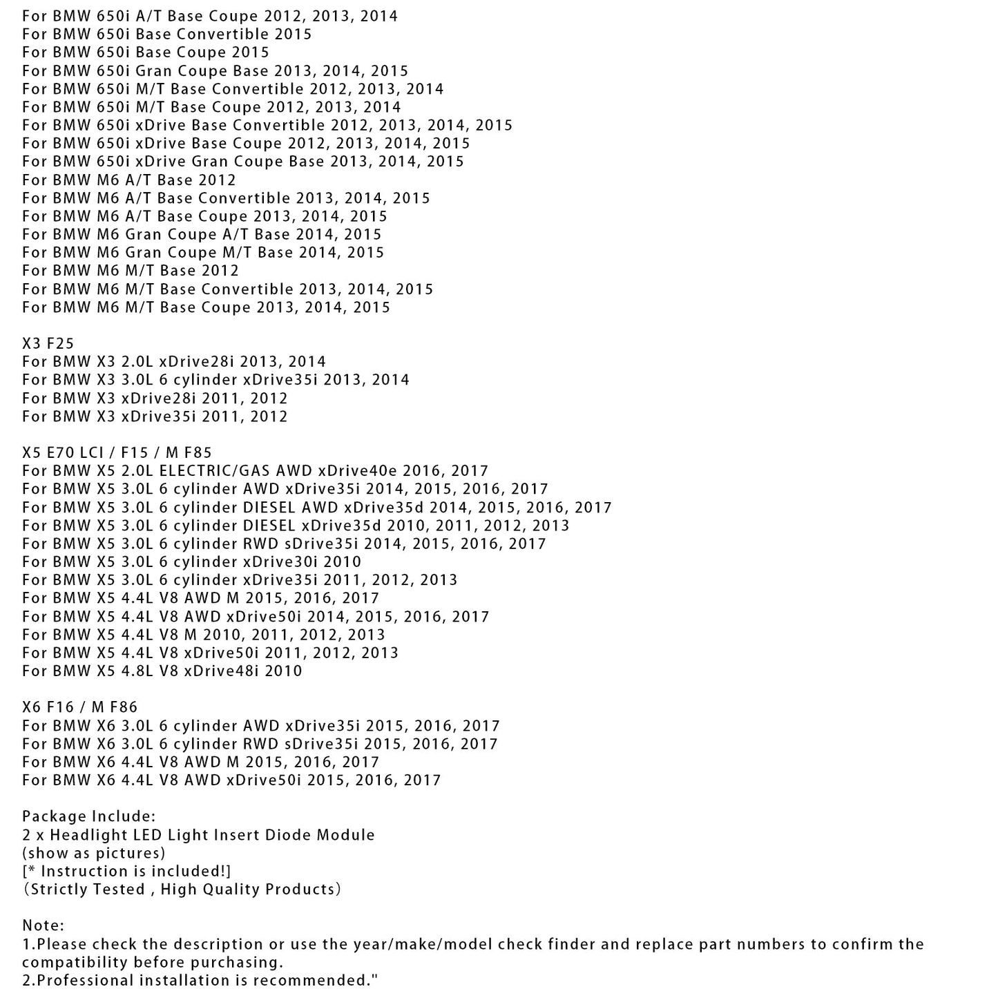 2Pcs Headlight LED Light Insert Diode Module For BMW 428i 435i 2014-2016