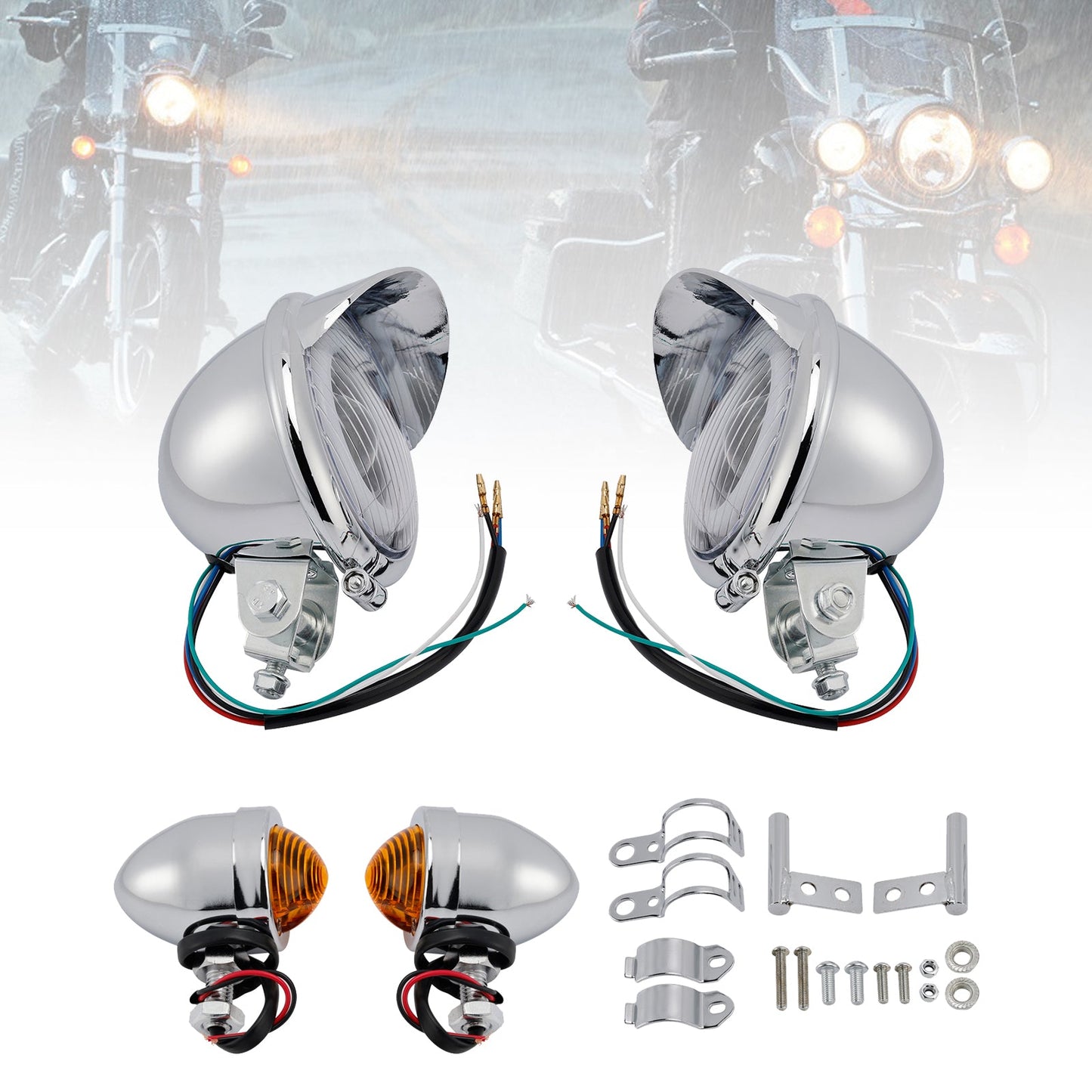 Motorcycle Beam Headlight Fog Lamp Custom Chrome #D17 For Racer Bobber Chopper