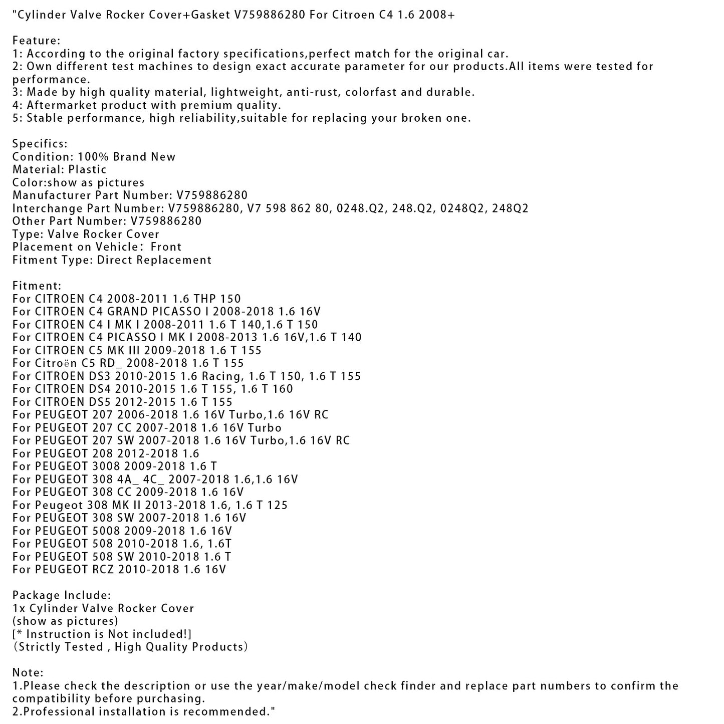 2007-2018 PEUGEOT 308 4A_ 4C_ 1.6,1.6 16V Cylinder Valve Rocker Cover+Gasket V759886280