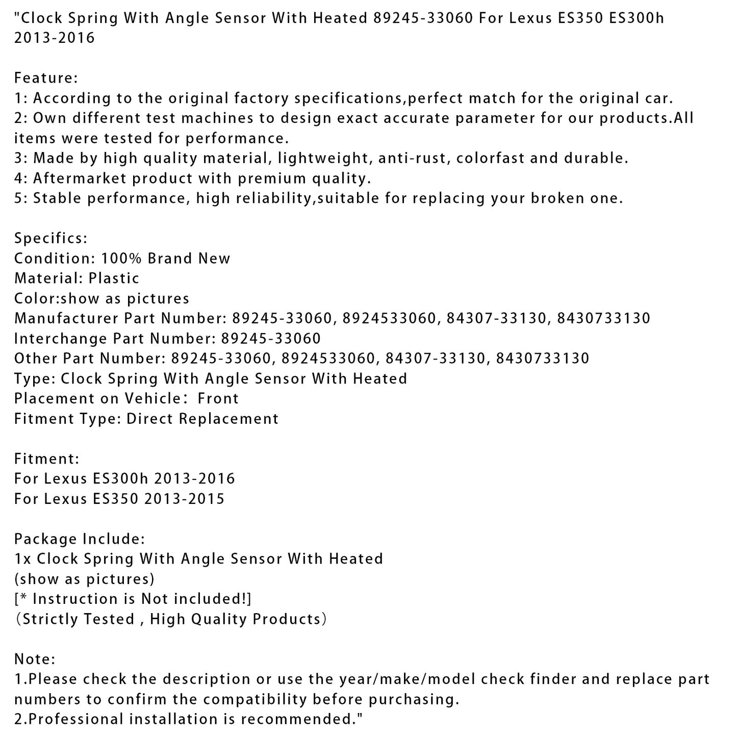 2013-2016 Lexus ES300h Clock Spring With Angle Sensor Heated 89245-33060