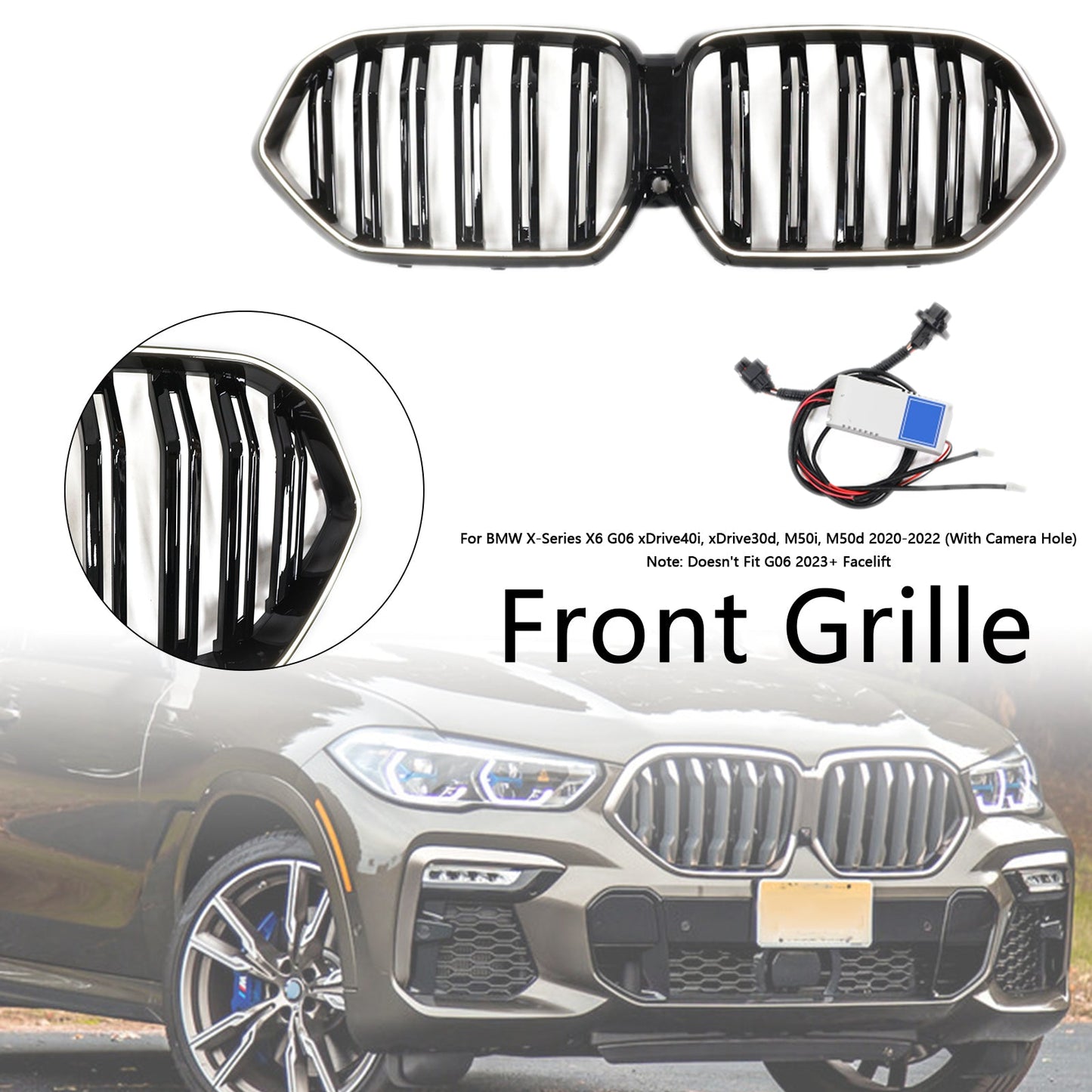 2020-2022 BMW X6 G06 M50i W/Camera Hole Gloss Black Front Bumper Grille