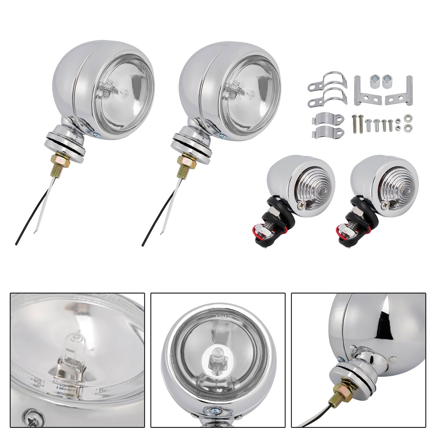 Motorcycle Beam Headlight Fog Lamp Custom Chrome #D19 For Racer Bobber Chopper