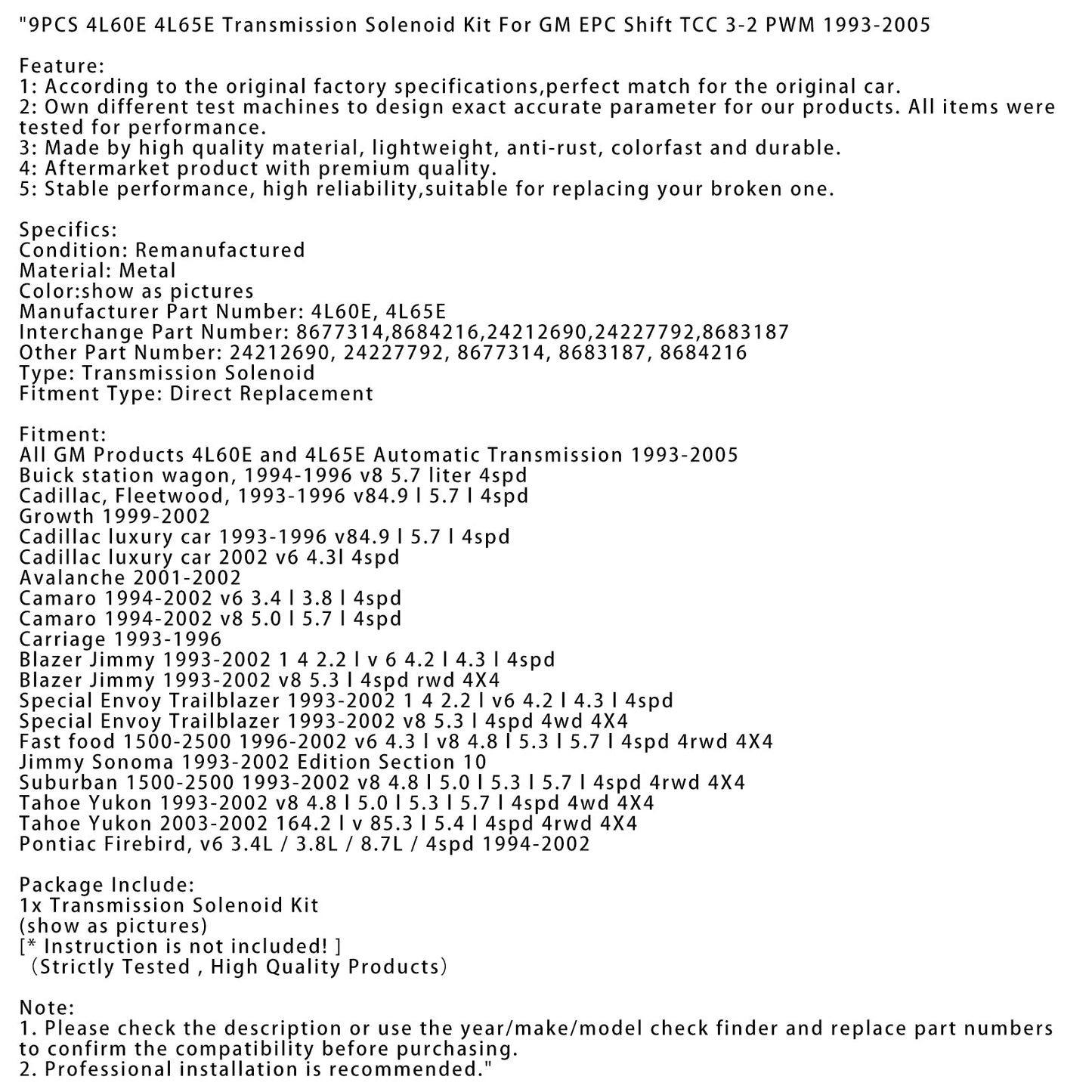 1993-2002 Jimmy Sonoma Edition Section 10 9PCS 4L60E 4L65E Transmission Solenoid Kit 8677314