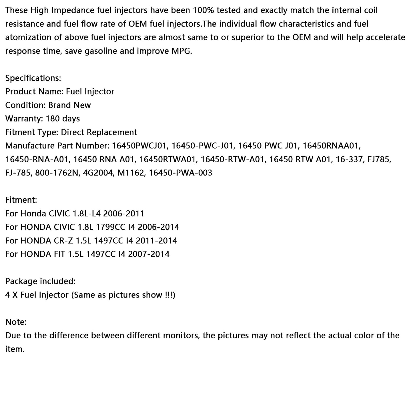 4PCS Fuel Injector 16450-PWC-J01 Fit HONDA CIVIC 1.8L 2006-2014 MP4274