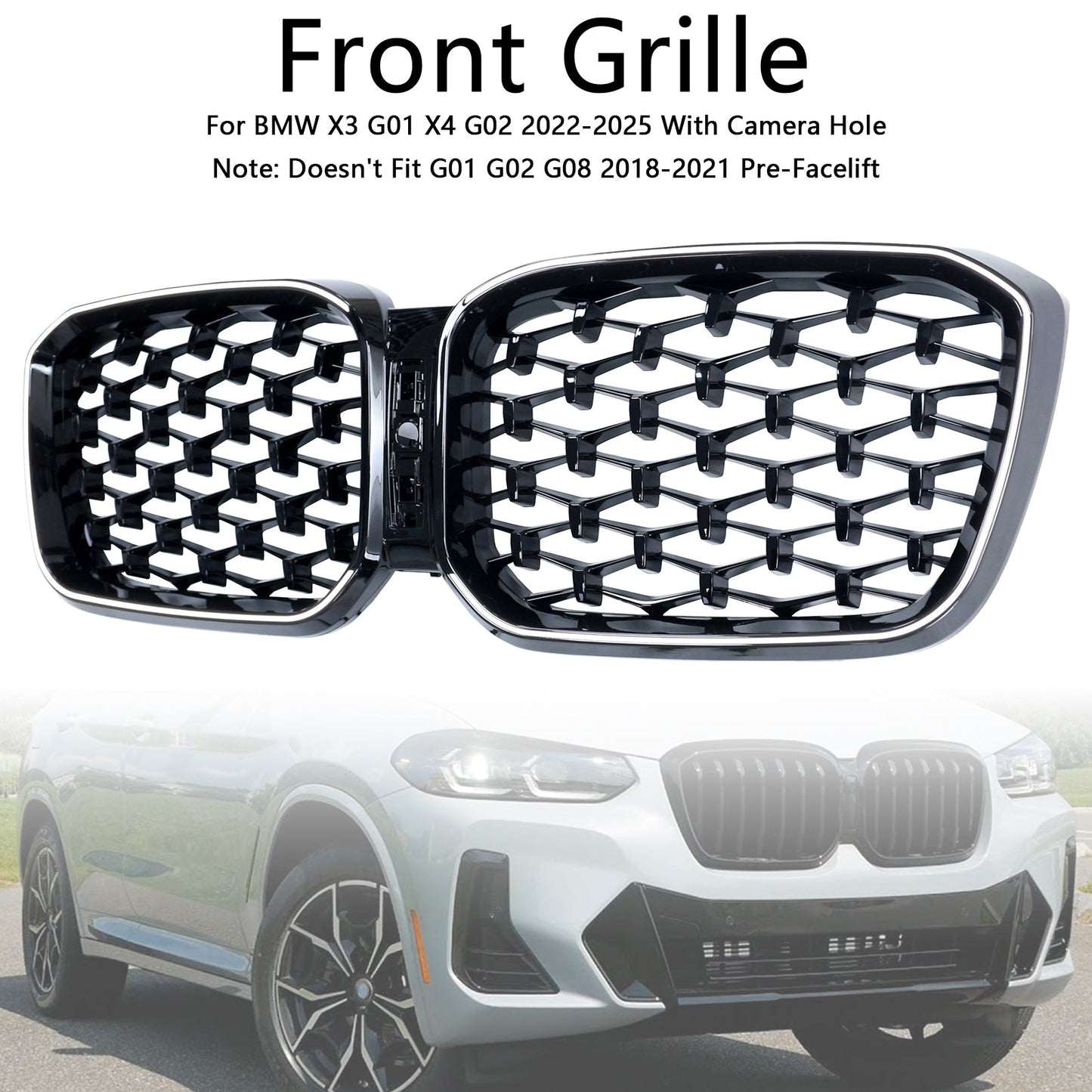 2022-2025 BMW X3 G01 X4 G02 Diamond Glossy Black Front Bumper Kidney Grille