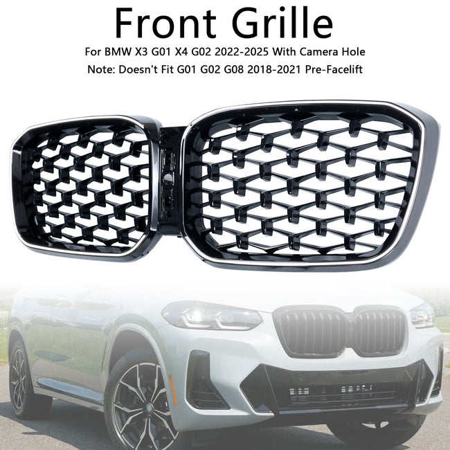 2022-2025 BMW X3 G01 X4 G02 Diamond Glossy Black Front Bumper Kidney Grille