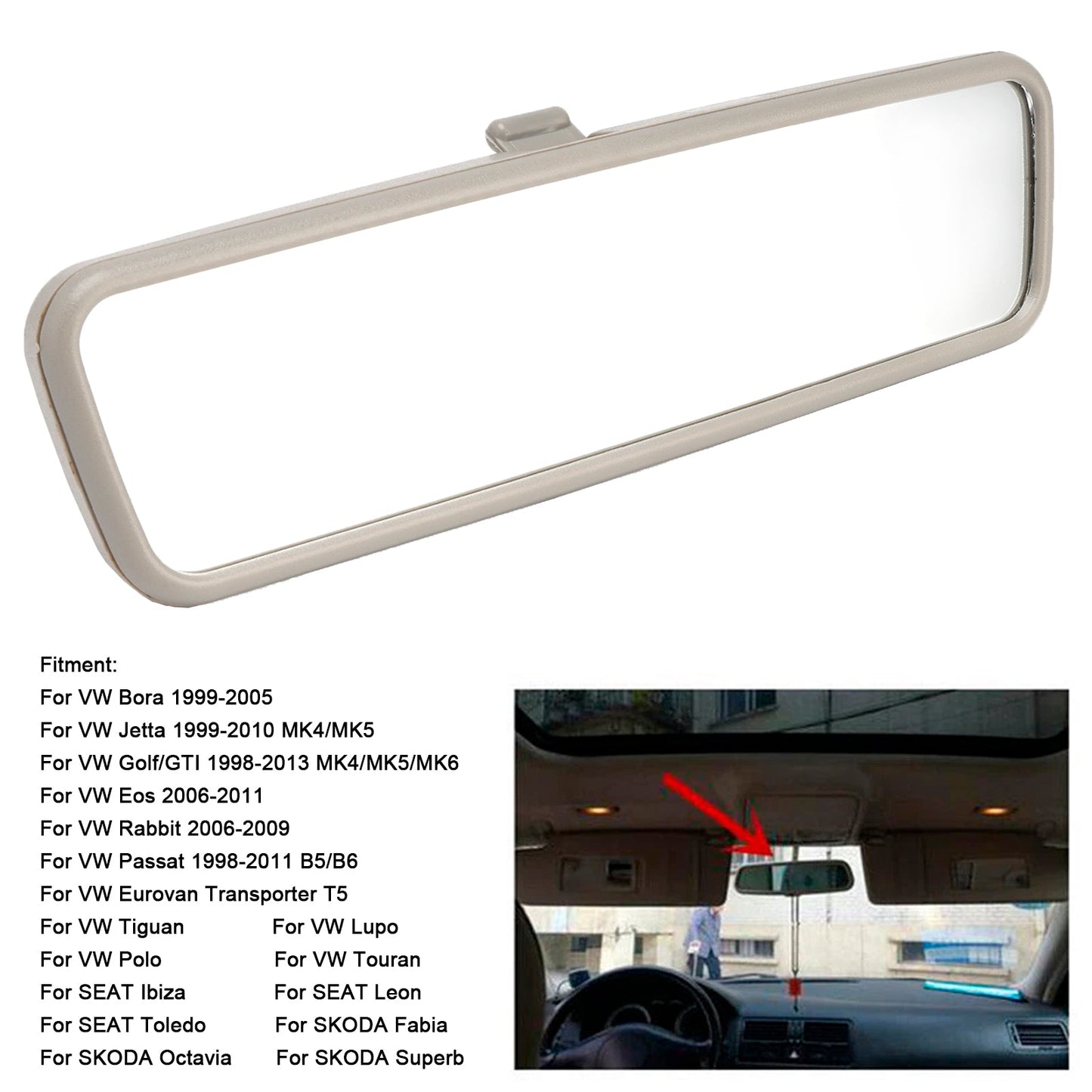 Grey Rear View Interior Mirror Glass 3B0857511H For VW Golf MK4 Jetta Passat