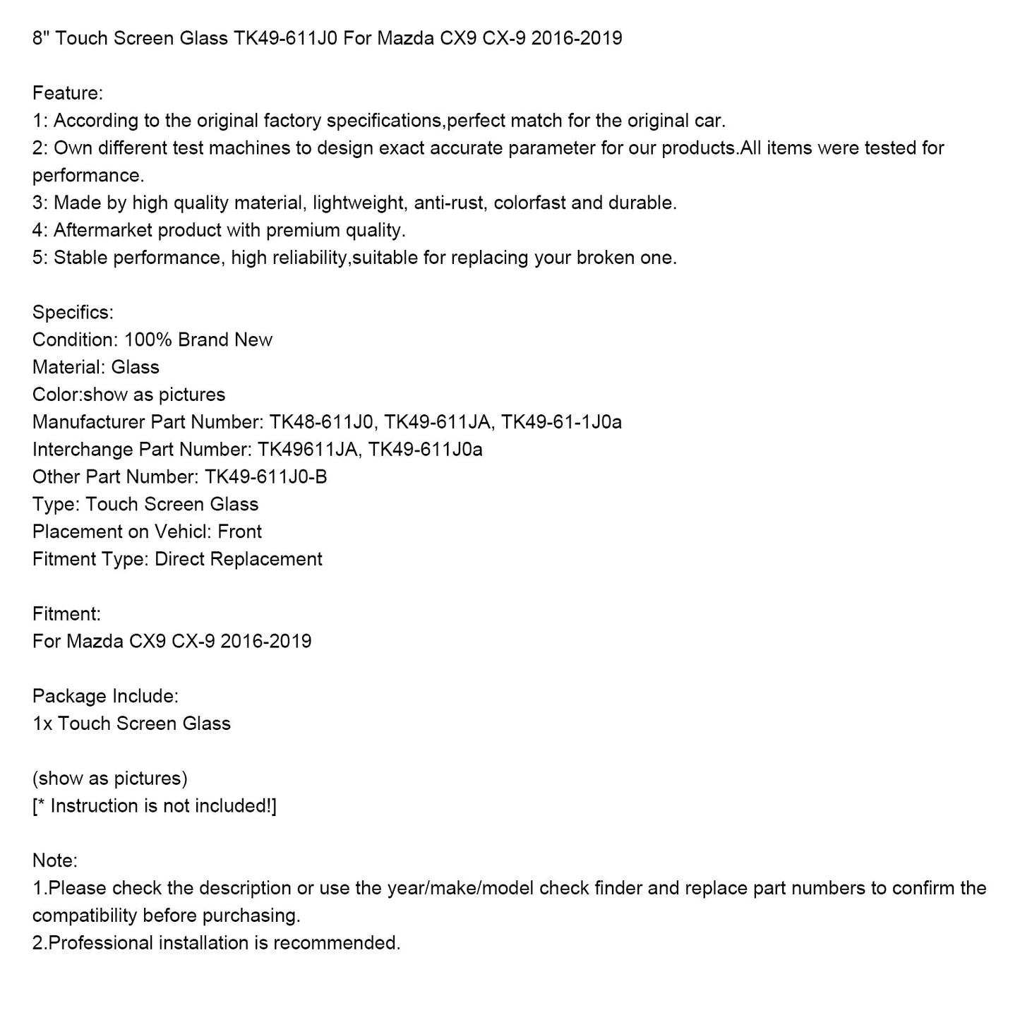 2016-2019 Mazda CX9 CX-9 8" Touch Screen Glass TK49-611J0 For TK48-611J0