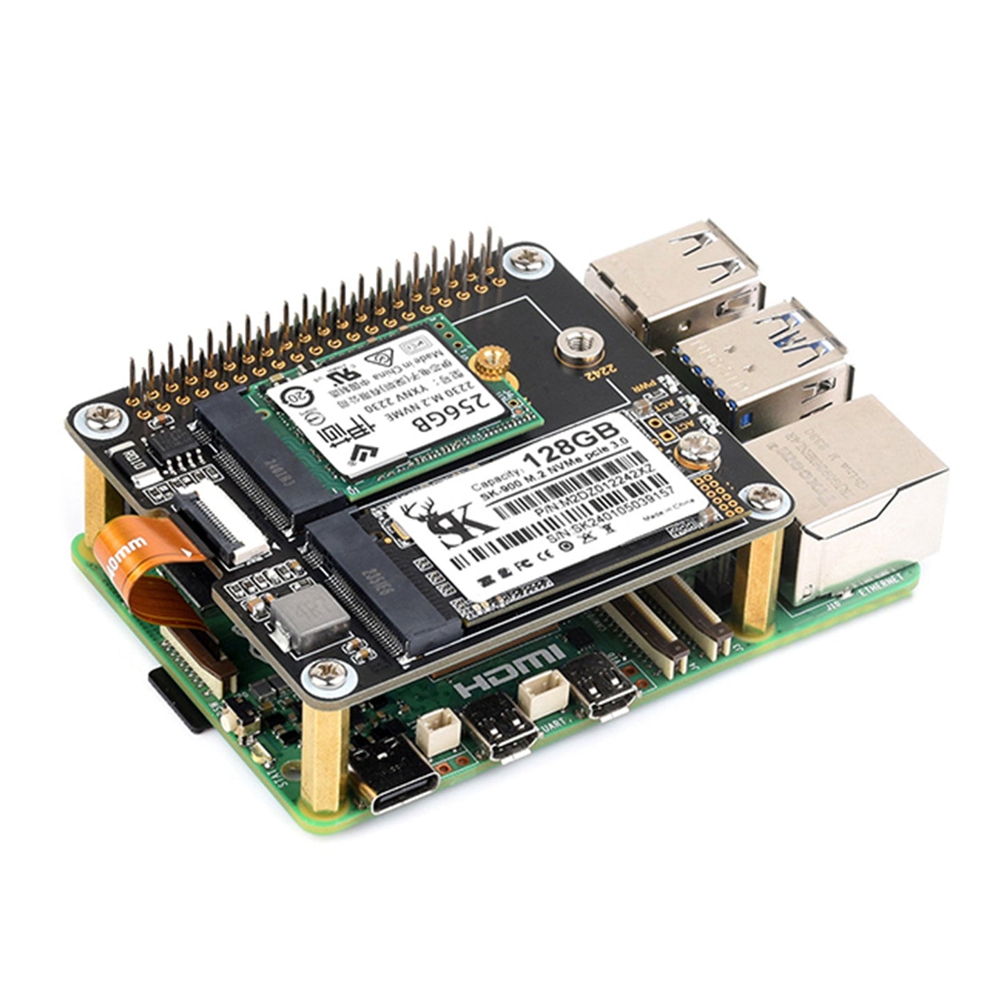 Raspberry Pi 5th Generation PCIe to Dual-Channel M.2 Adapter Board Dual M.2